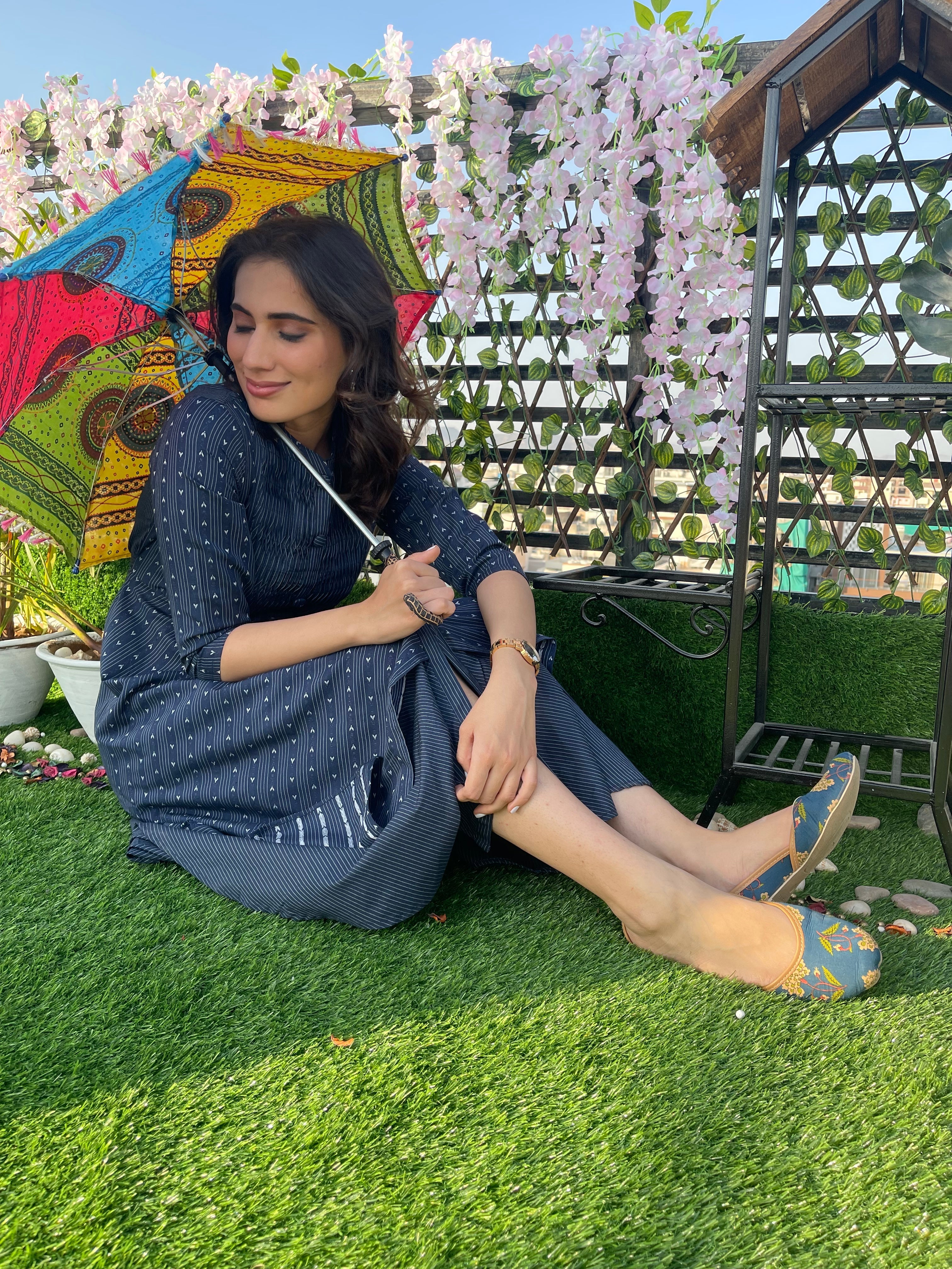 Blue Yoke Pleated Cotton Dress for Women - Summer Casual & Office Wear - Comfortable & Stylish Midi Dress