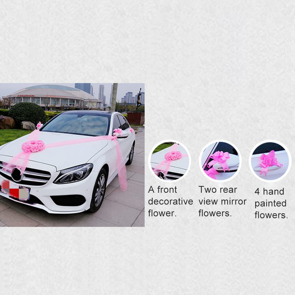 Wedding Car Flower Decoration - Artificial Rose & Large Bow Bridal Car Decor for Wedding Ceremonies, Pink, Perfect for Bridal Car Arrivals and Wedding Processions