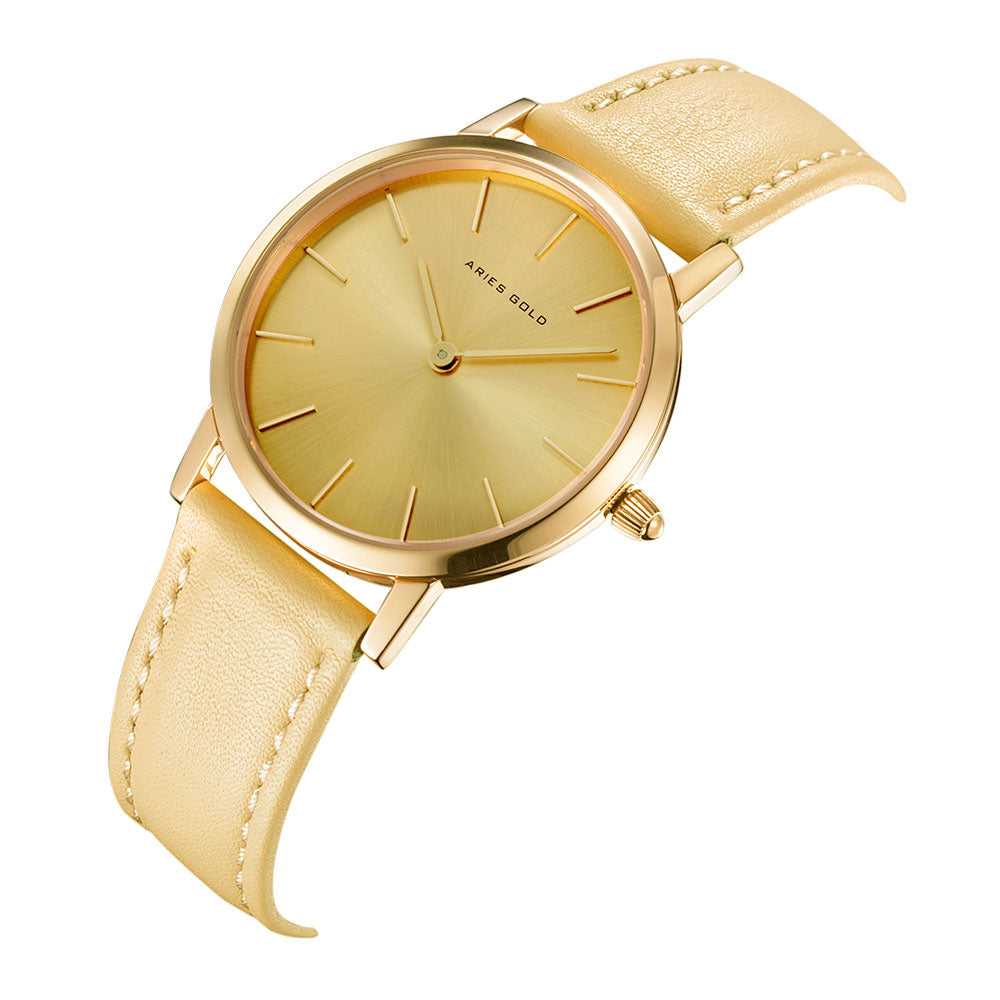 ARIES GOLD Urban Santos Gold Stainless Steel Women's Watch with Leather Strap - Fashionable Timepiece for Everyday Wear, Office & Special Occasions