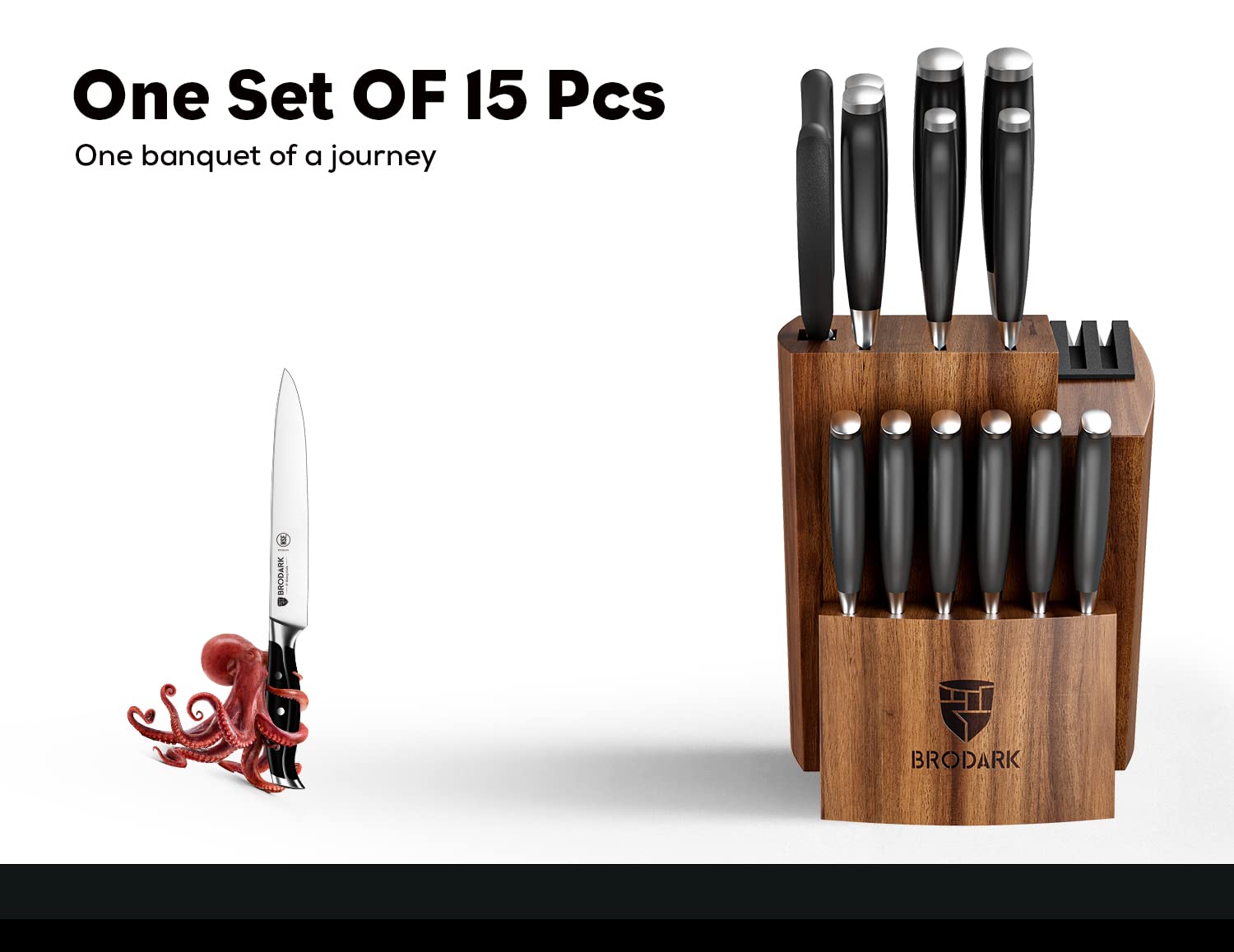 15-Piece Professional Chef Knife Set with Block - Full Tang German Stainless Steel Kitchen Knives with Built-in Sharpener | Steel-King Series for Home Cooking & Restaurant Use