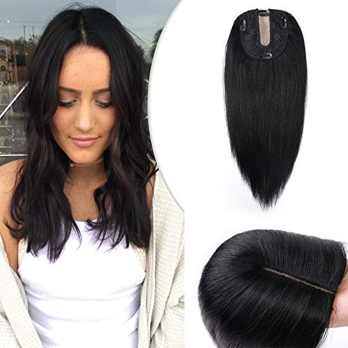 Silk Base Human Hair Topper for Women - 12 Inch Clip-in Hair Extensions with 4 Clips, Jet Black Toupee for Thinning Hair - Larger Base for Full Coverage | Perfect for Daily Wear, Special Occasions & Hair Loss Solutions