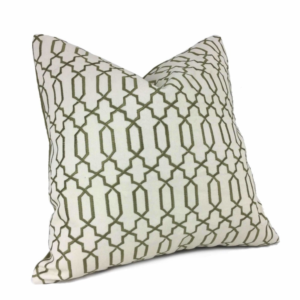 Elysa Green Olive & Cream Embroidered Geometric Fretwork Lattice Pillow Cover - Bohemian Home Decor for Living Room, Bedroom & Sofa
