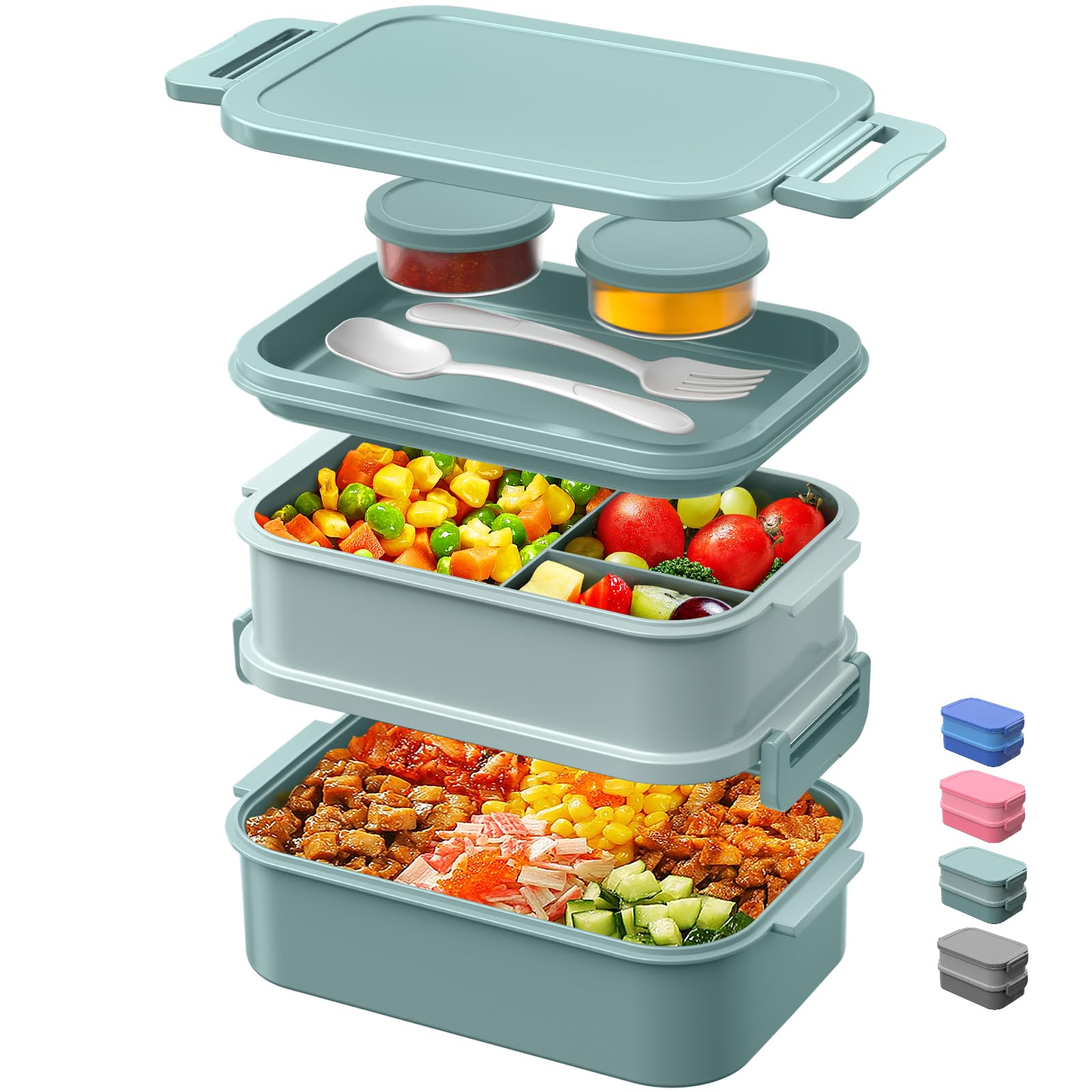 DaCool 74oz Stackable Bento Lunch Box for Adults - Leakproof Meal Prep Container with Fork, Spoon & Sauce Boxes - Perfect for Work, School, Picnics & Dining Out - Morandi Green