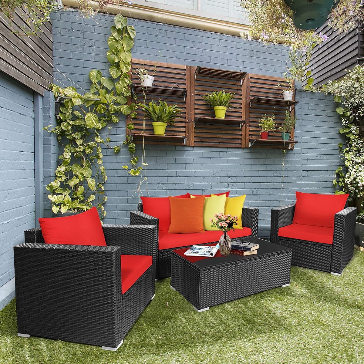 4-Piece Patio Rattan Chair Set with Tempered Glass Coffee Table & Cushions - Outdoor Wicker Sectional Sofa Conversation Set for Garden, Yard, Poolside (Red) - Perfect for Relaxing, Entertaining & Lounging in Your Outdoor Space