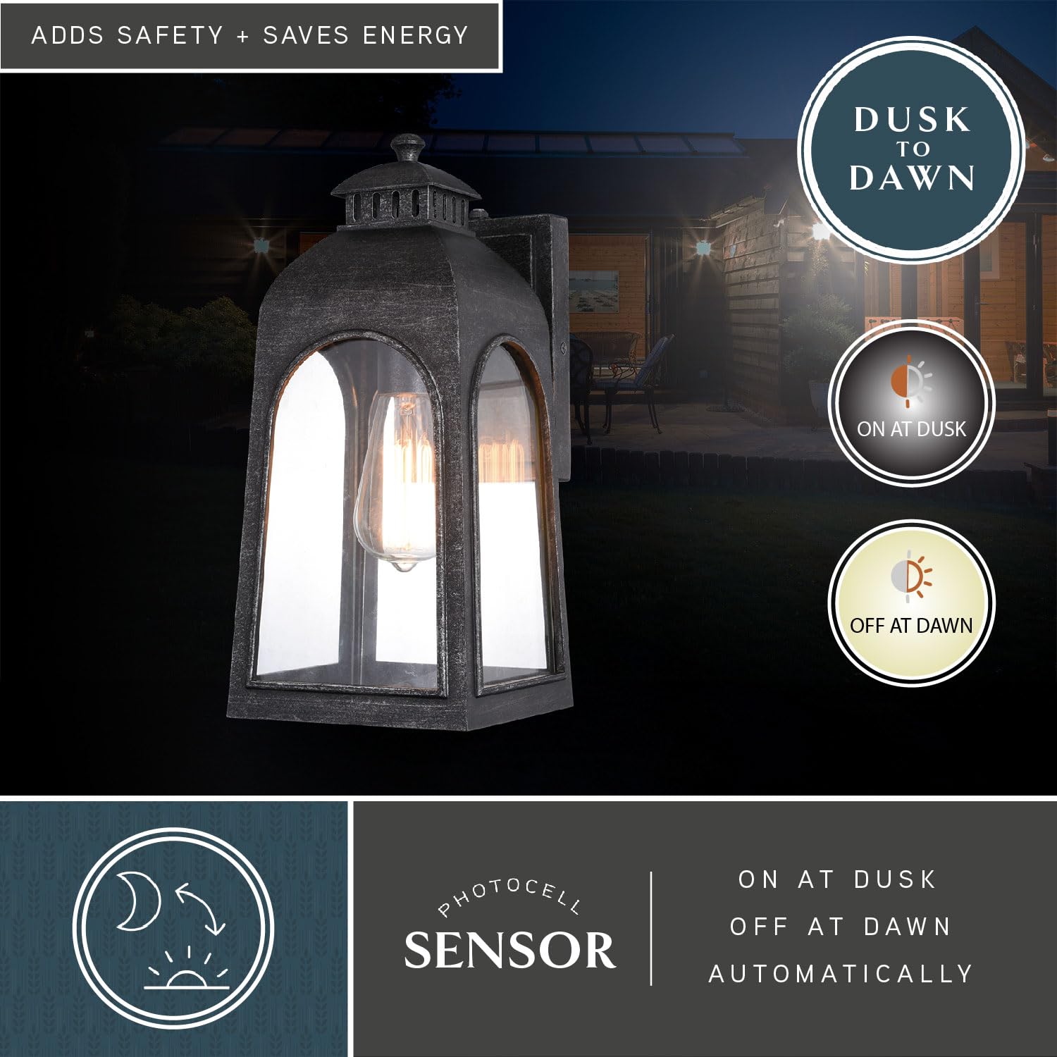 VAXCEL Pilsen 6.5-inch Charcoal Black Outdoor Wall Lantern with Dusk to Dawn Photocell Sensor - 1-Light Exterior Wall Sconce with Clear Glass Panels for Porch, Patio, Garden and Entryway Lighting