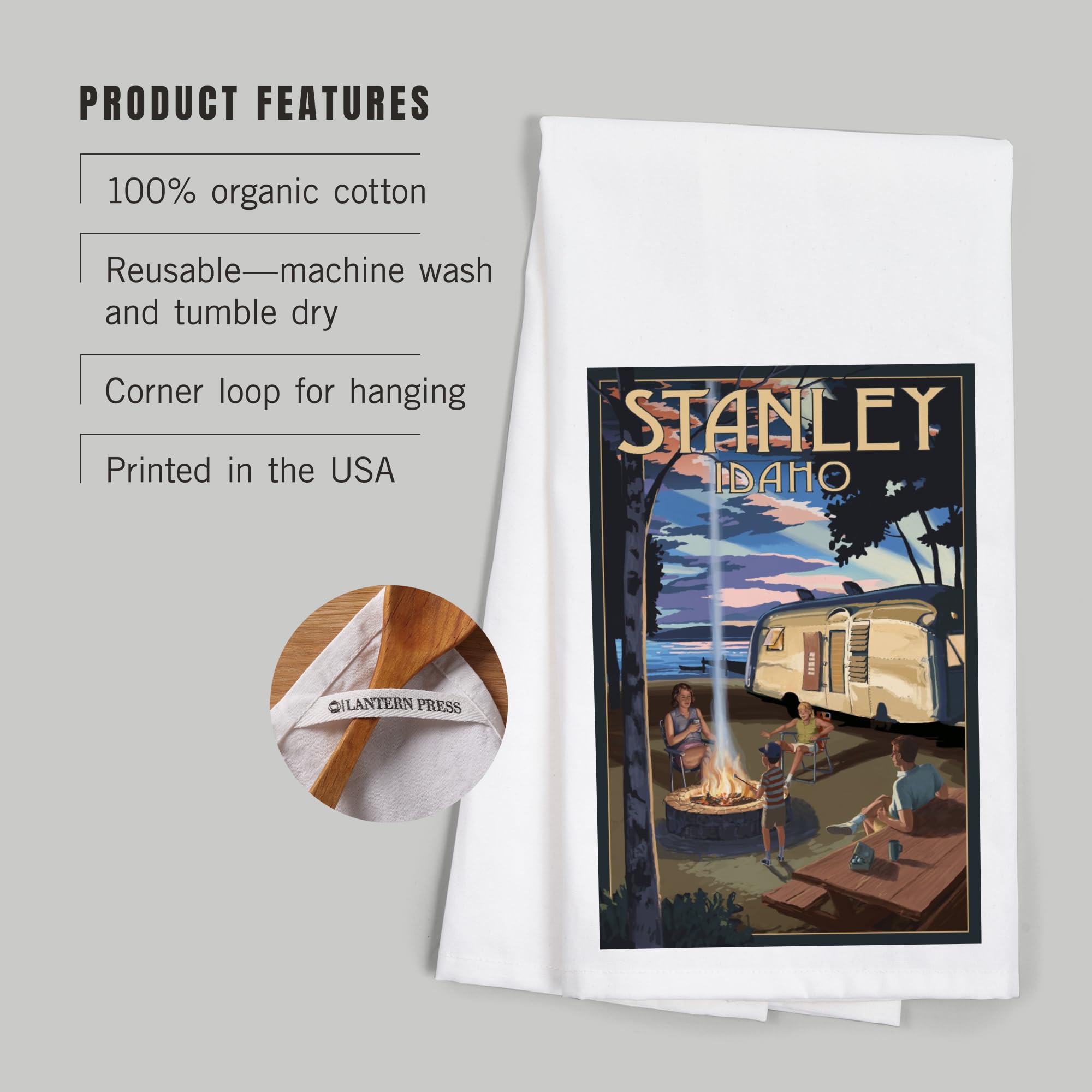Stanley Idaho Retro Camper and Lake Cotton Tea Towel - 100% Cotton Decorative Hand Towel for Kitchen, Home Decor & Camping Accessories | Perfect for Farmhouse Style, RV Life and Cabin Decor