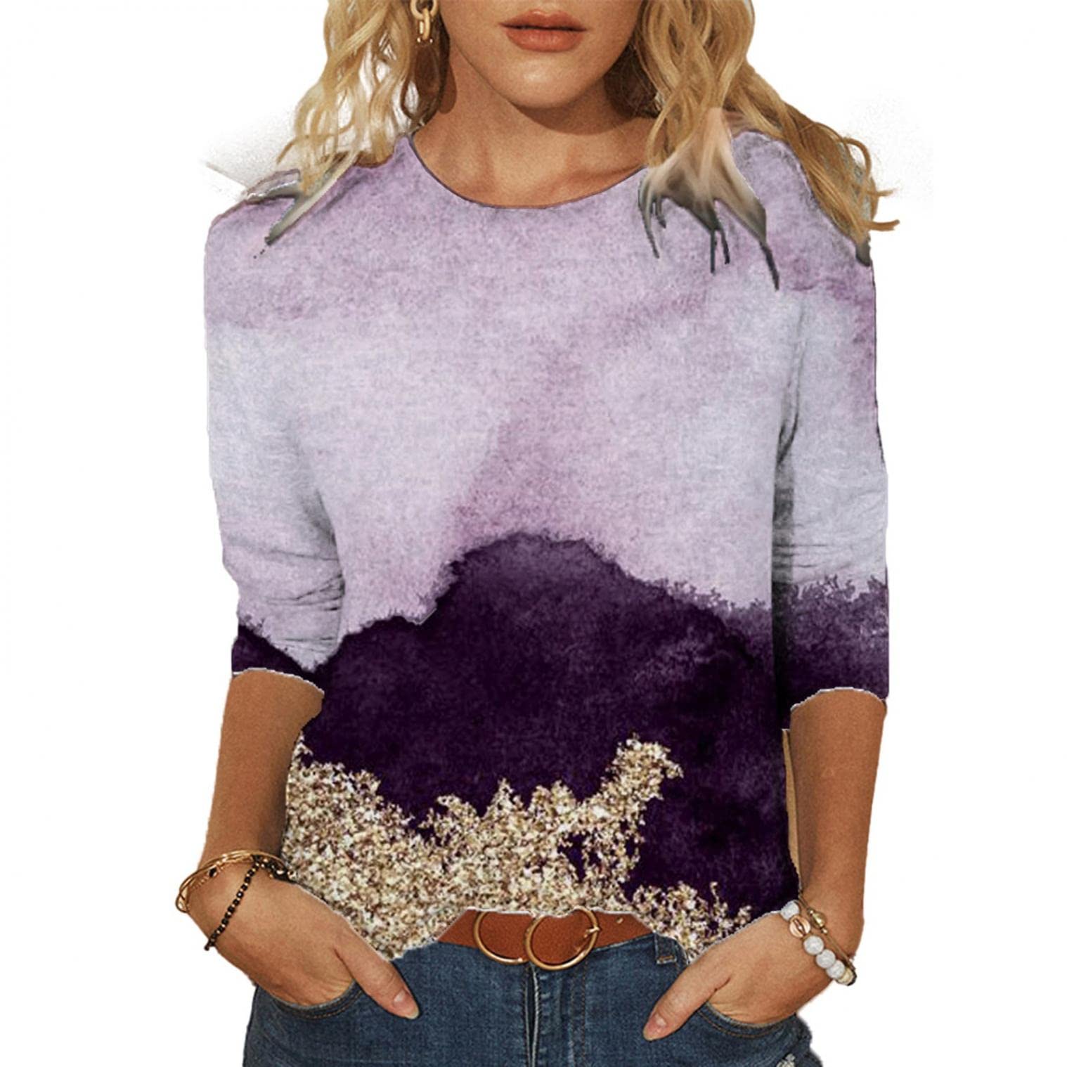 FABIURT Women's 3/4 Sleeve Butterfly Print T-Shirt - Casual Loose Fit Lightweight Blouse for Everyday Wear, Spring & Summer Outfits