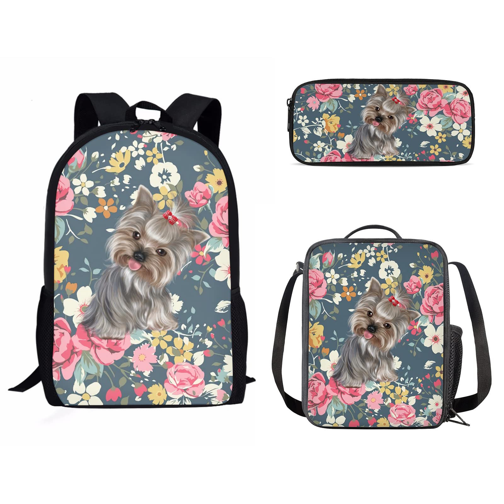 Vintage Floral Yorkshire Terrier Print Backpack Set for Girls - Cute School Book Bag with Lunch Box & Pencil Case (3-Piece) | Perfect for Elementary School, Travel & Daily Use