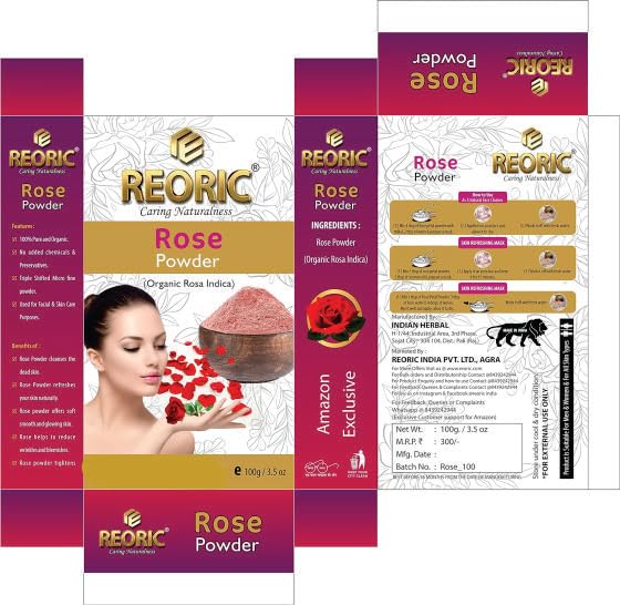 Reoric Rose Petal Powder | 100% Pure Rosa Centifolia | Natural Skin Whitening & Brightening Face Pack | Organic Gulab for Glowing Skin Care | Vegan, Chemical-Free (100g) | Perfect for DIY Face Masks & Spa Treatments