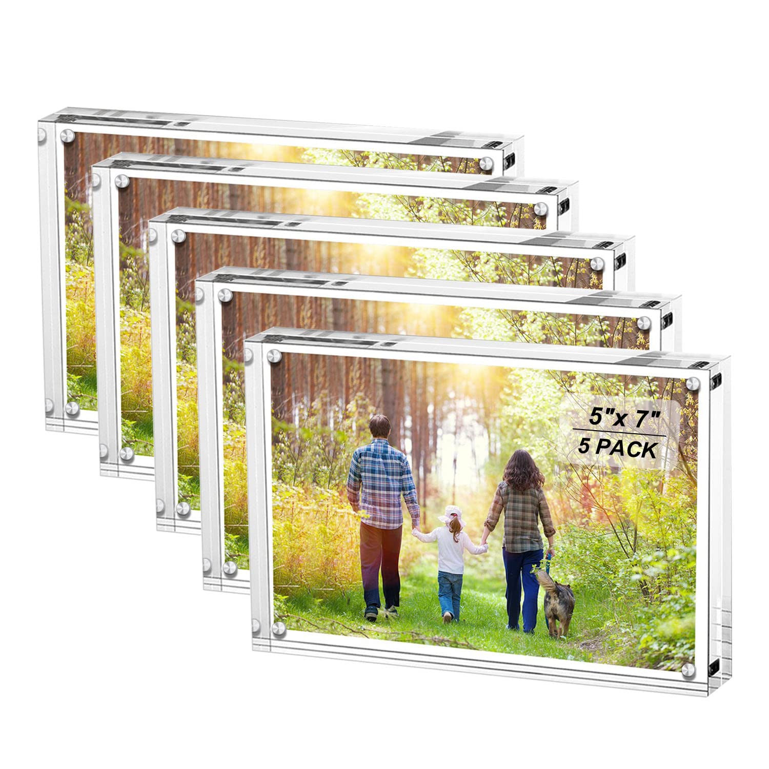 5x7 Acrylic Picture Frames 5 Pack - Clear Frameless Magnetic Photo Frames for Wall & Tabletop Display, Double-Sided Transparent Desktop Frames for Home Office Decor, Wedding Photos & Family Memories (5 Pack)