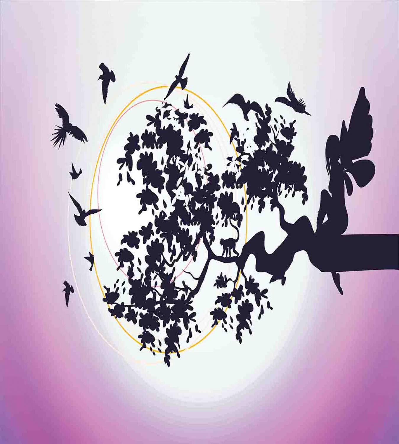 Ambesonne Anime Duvet Cover Set - Fantasy Silhouette Sitting on Tree Branch with Flying Birds, 3-Piece Bedding Set Includes Duvet Cover & 2 Pillow Shams, California King Size, Dark Purple & Fuchsia - Perfect for Anime Lovers' Bedroom Decor & Gift Idea