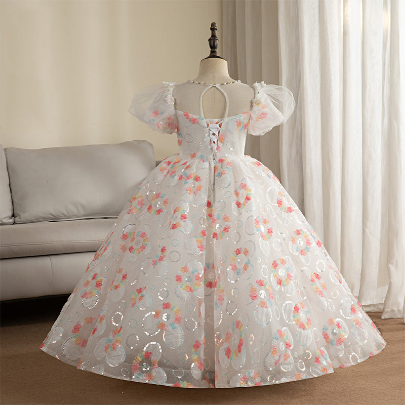 Floral Sequin Princess Flower Girl Dress with Lace and Puff Sleeves - Perfect for Weddings, Birthday Parties, and Special Occasions