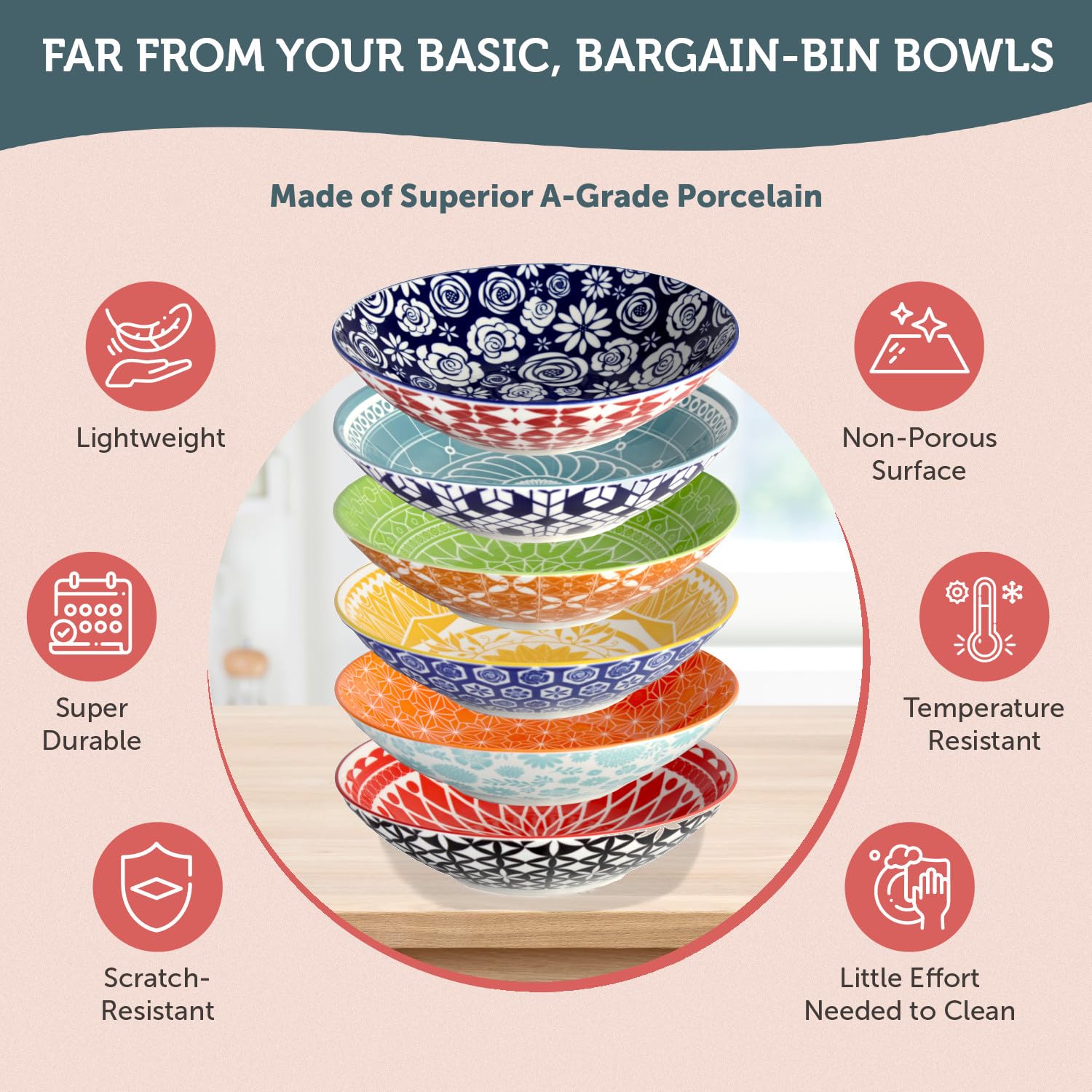 Annovero 42oz Pasta Bowls Set of 6 - Microwave & Dishwasher Safe Colorful Porcelain Soup & Salad Bowls for Kitchen & Dining