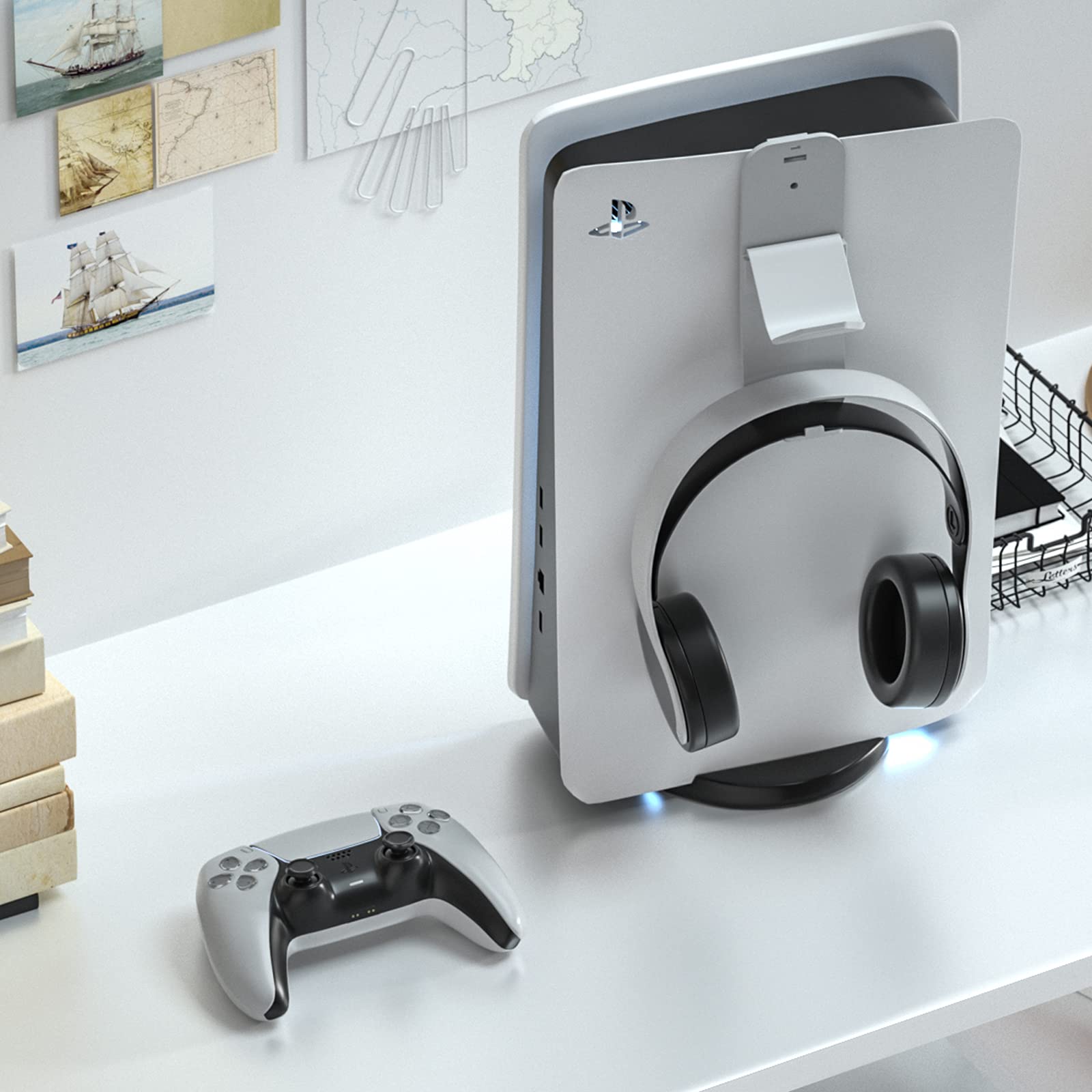 ECHZOVE PS5 & Xbox Controller and Headset Wall Mount - Dual Headphone & Gamepad Holder for Playstation 5, Xbox Series X/S - Space Saving Organizer for Gaming Setup (White) - Perfect for Bedroom, Game Room & Office Organization