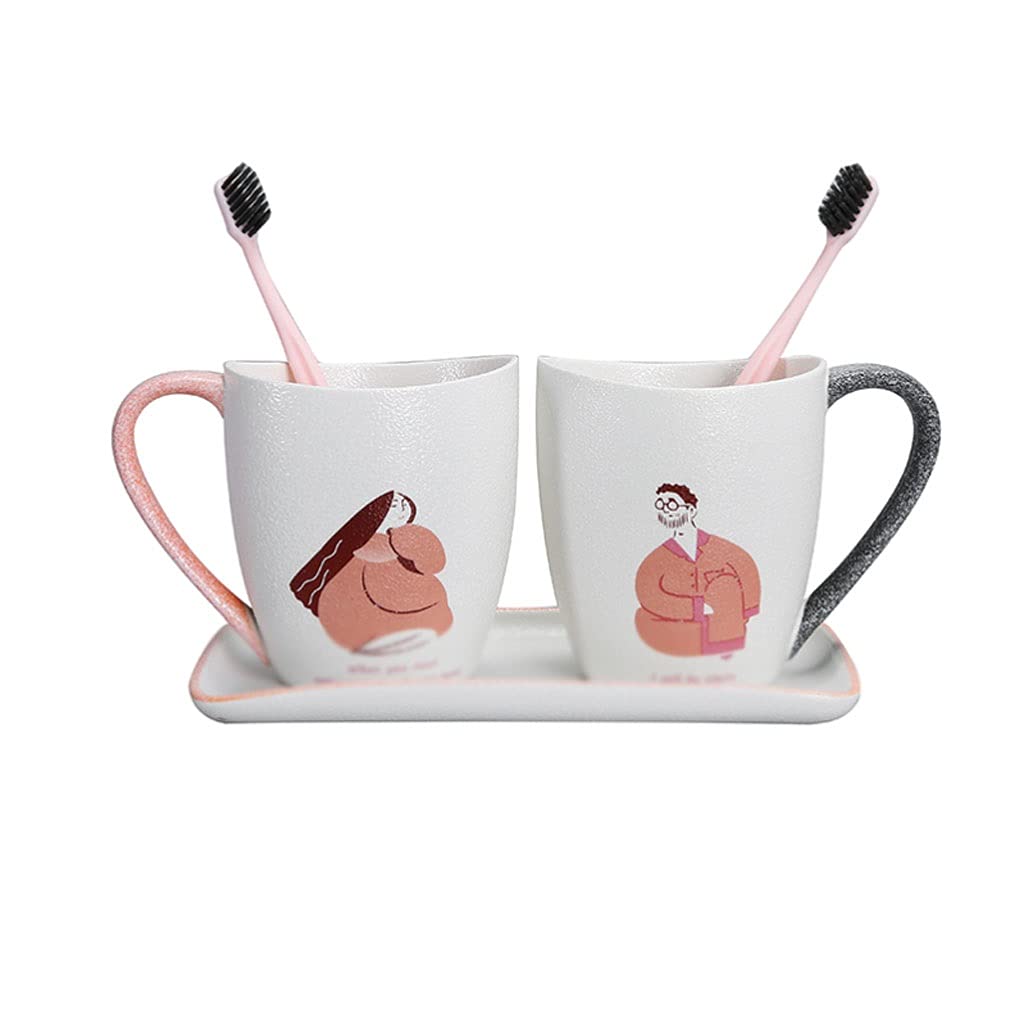 Snow Glaze Ceramic Toothbrush Holder for Couples - 400ml/13.5oz Large Capacity Bathroom Organizer with Tray - Perfect for Home, Apartment & Travel Use (One Pair)