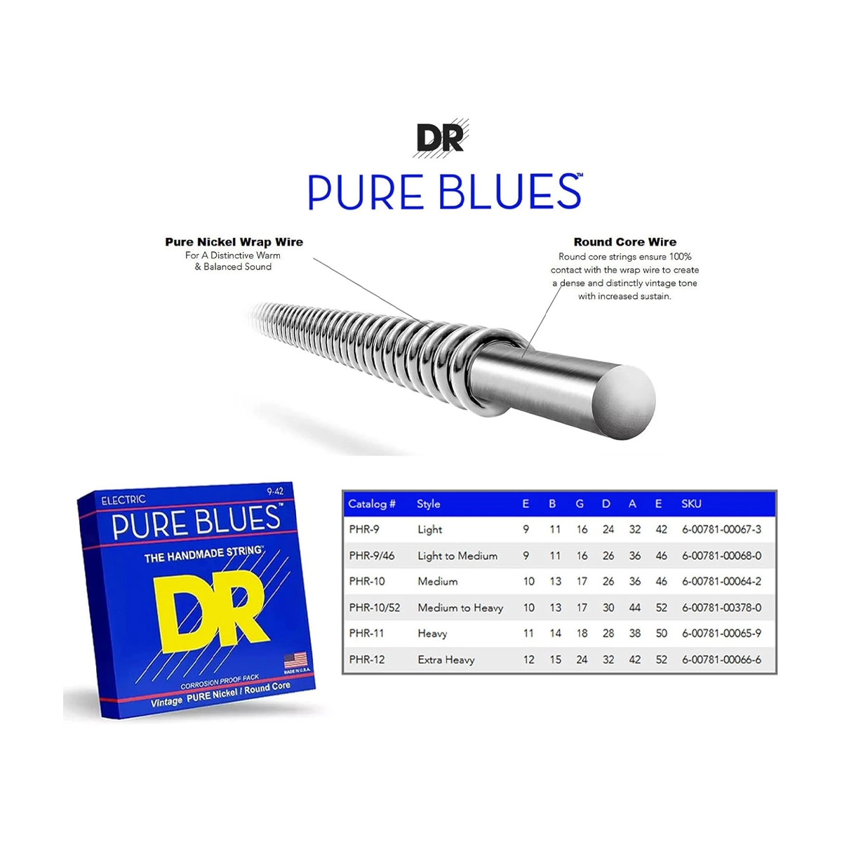 DR Pure Blues™ Pure Nickel Electric Guitar Strings (11-50 Gauge) - Heavy Gauge for Warm Tone & Sustain - Perfect for Blues, Rock & Jazz Performances