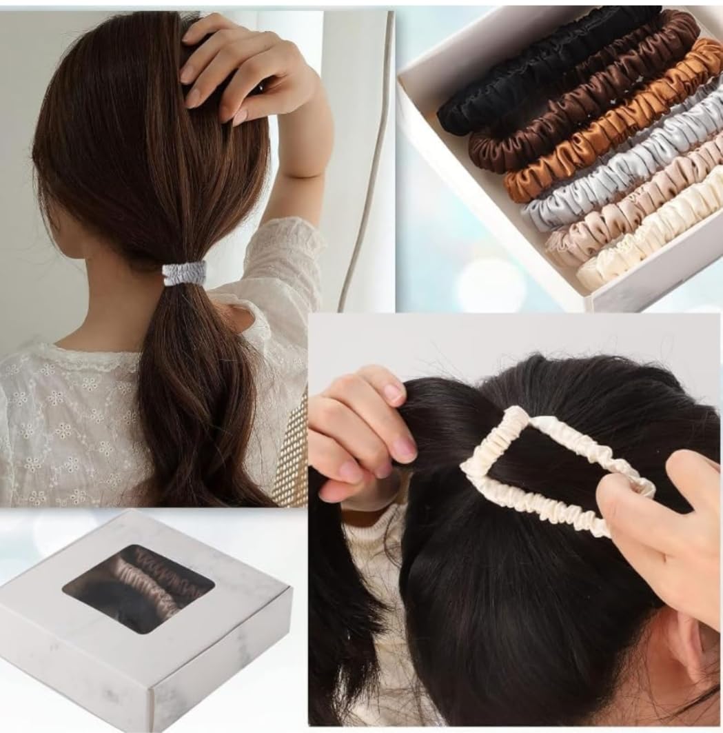 Luxury Satin Scrunchies for Women - 8 Pack Anti Hair Breakage Hair Ties, Slim Ponytail Holders for Thick & Curly Hair - Perfect Gift for Sister, Friend, Mom | No Crease Hair Accessories | Great for Work, Gym, Travel & Everyday Use