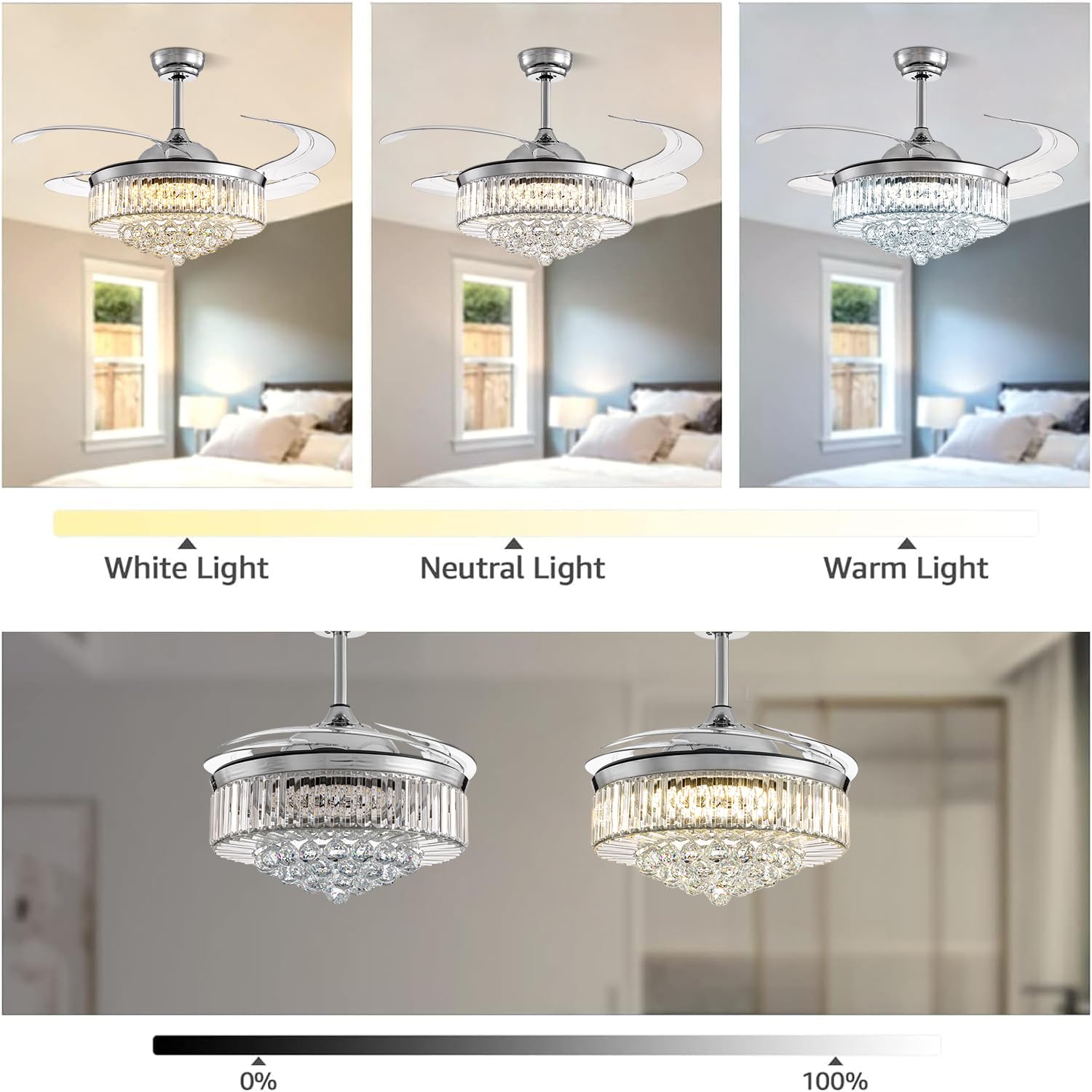 NOXARTE 48 Inch Crystal Chandelier Ceiling Fan with Light - Retractable Blades, Remote Control, Dimmable LED - Perfect for Bedroom, Living Room, Dining Room & Home Decor