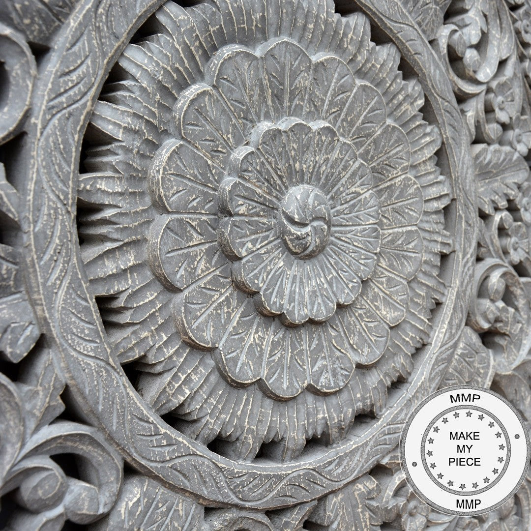 Hand Carved Indian Wooden Round Wall Decor Panel - Traditional Grey Wood Art for Home & Office Decoration | Perfect for Living Room, Bedroom, and Meditation Spaces