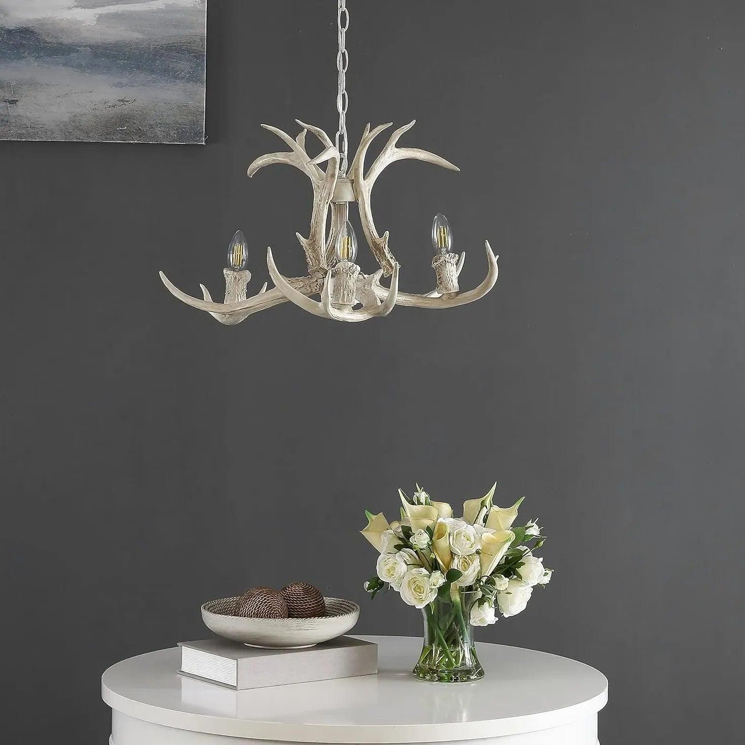 Faux Antler White Candelabra Branch Chandelier - Rustic Farmhouse Ceiling Light Fixture for Dining Room, Bedroom & Cabin Decor
