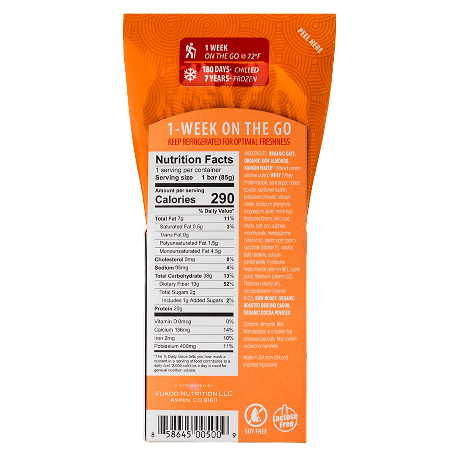 Vukoo Refrigerated Protein Bars - Almond Brownie Flavor - 28 Pack - 20g Protein - Healthy Organic Oats - High Protein Low Sugar Snacks - Gluten Free & High Fiber - Perfect for Gym, Hiking & Post-Workout Recovery