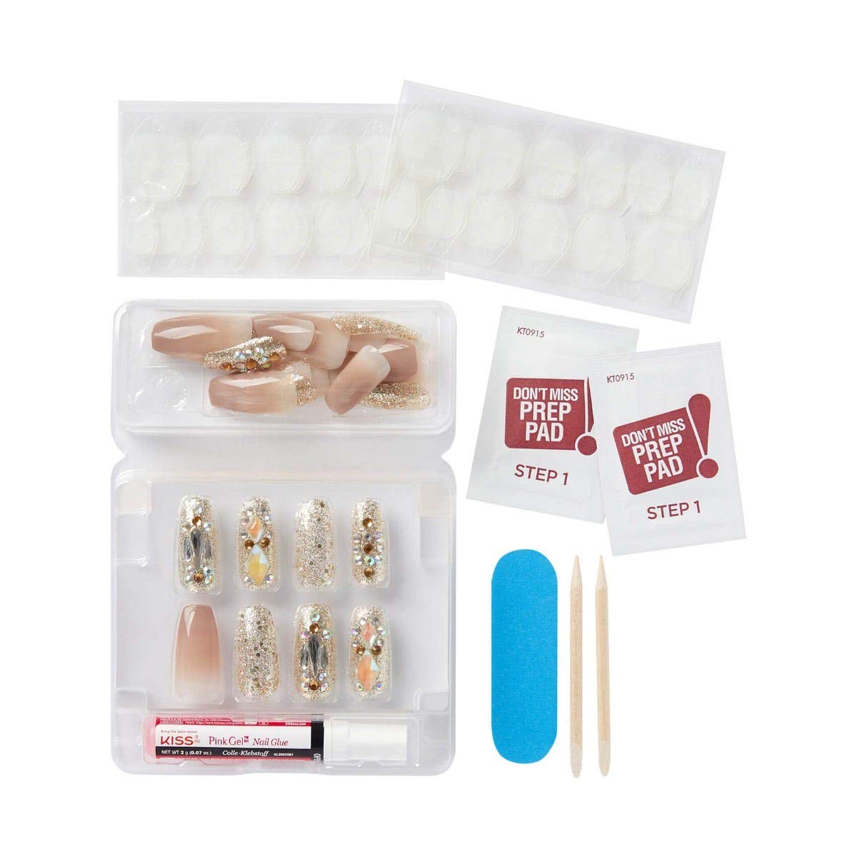 KISS Majestic Fake Nails - 'My Crown' Luxury Press-On Gel Nails Set | 30 Reusable Long Coffin Shaped Artificial Nails with Jewel Accents | Perfect for Parties, Weddings & Special Occasions