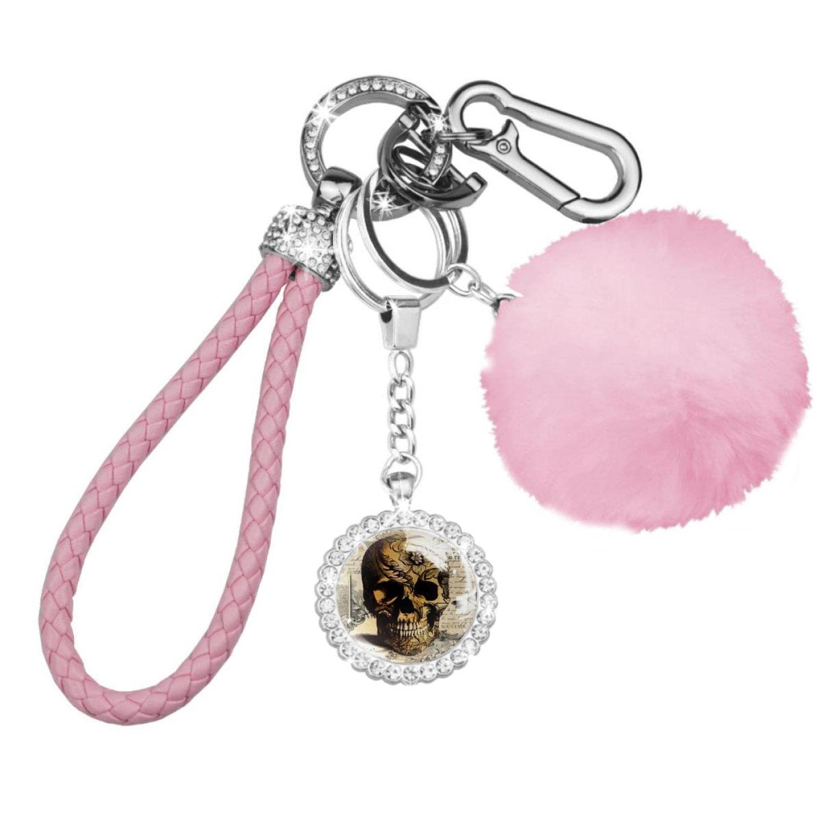 Gothic Floral Skull Keychain Set - 8Pcs Tattoo Style Keychains for Women & Girls, Car Keychain, Wristlet & Pompom Accessories - Perfect for Goth Fashion, Handbag Decor & Gift Giving