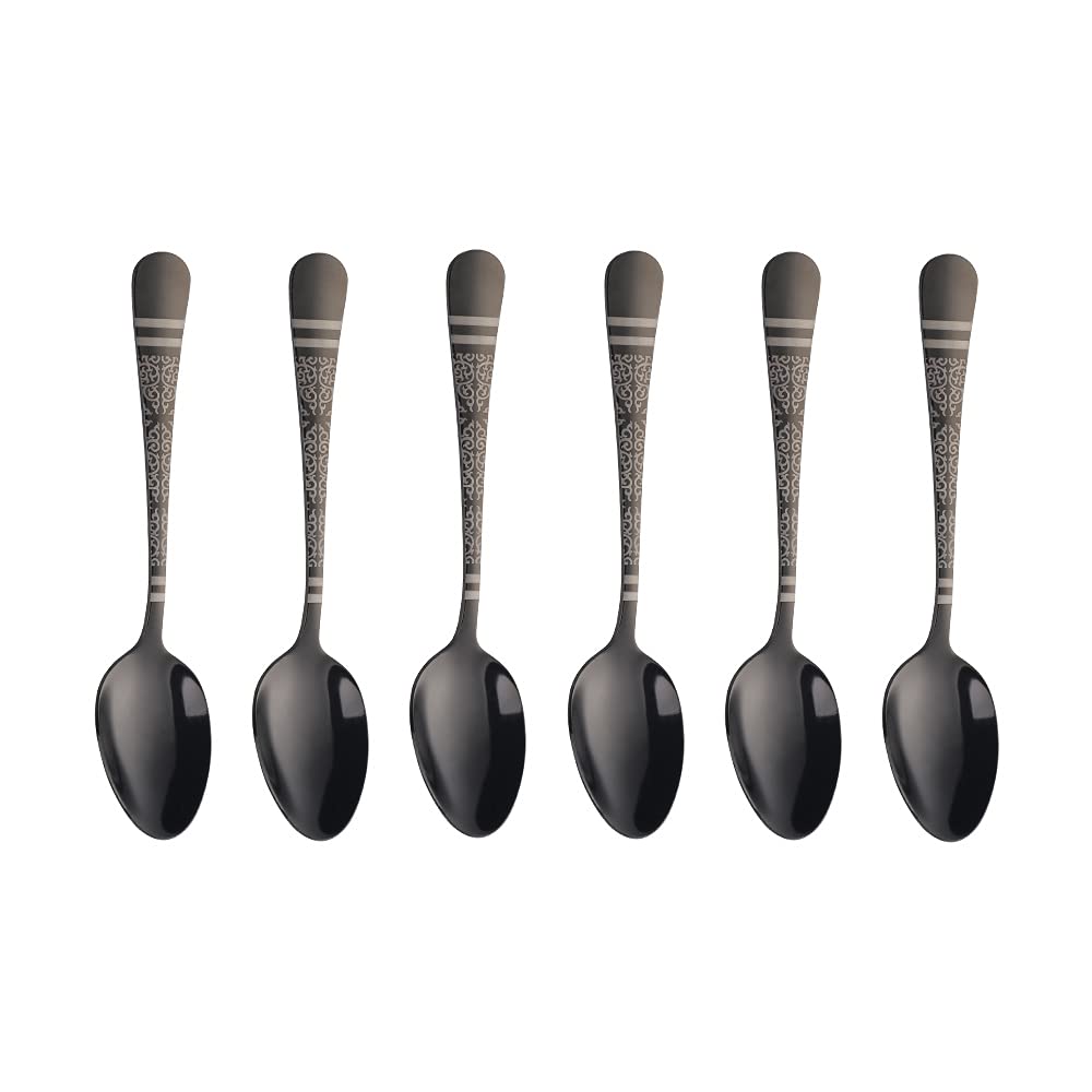 Premium Stainless Steel Espresso Spoons Set of 6 - 5.5 Inch Mini Coffee Spoons with Unique Black Pattern Design, Elegant Silverware for Demitasse, Dessert & Tea - Perfect for Coffee Shops, Home Use & Gift Giving