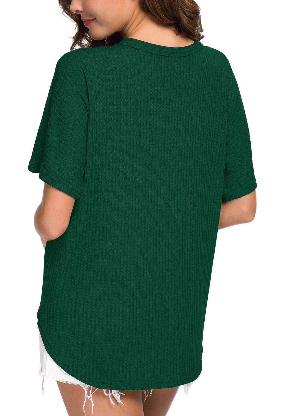 IWOLLENCE Women's Waffle Knit Tunic Blouse - Tie Knot Short Sleeve Henley Top, Loose Fit Batwing Shirt for Casual Wear, Office & Date Night Outfits