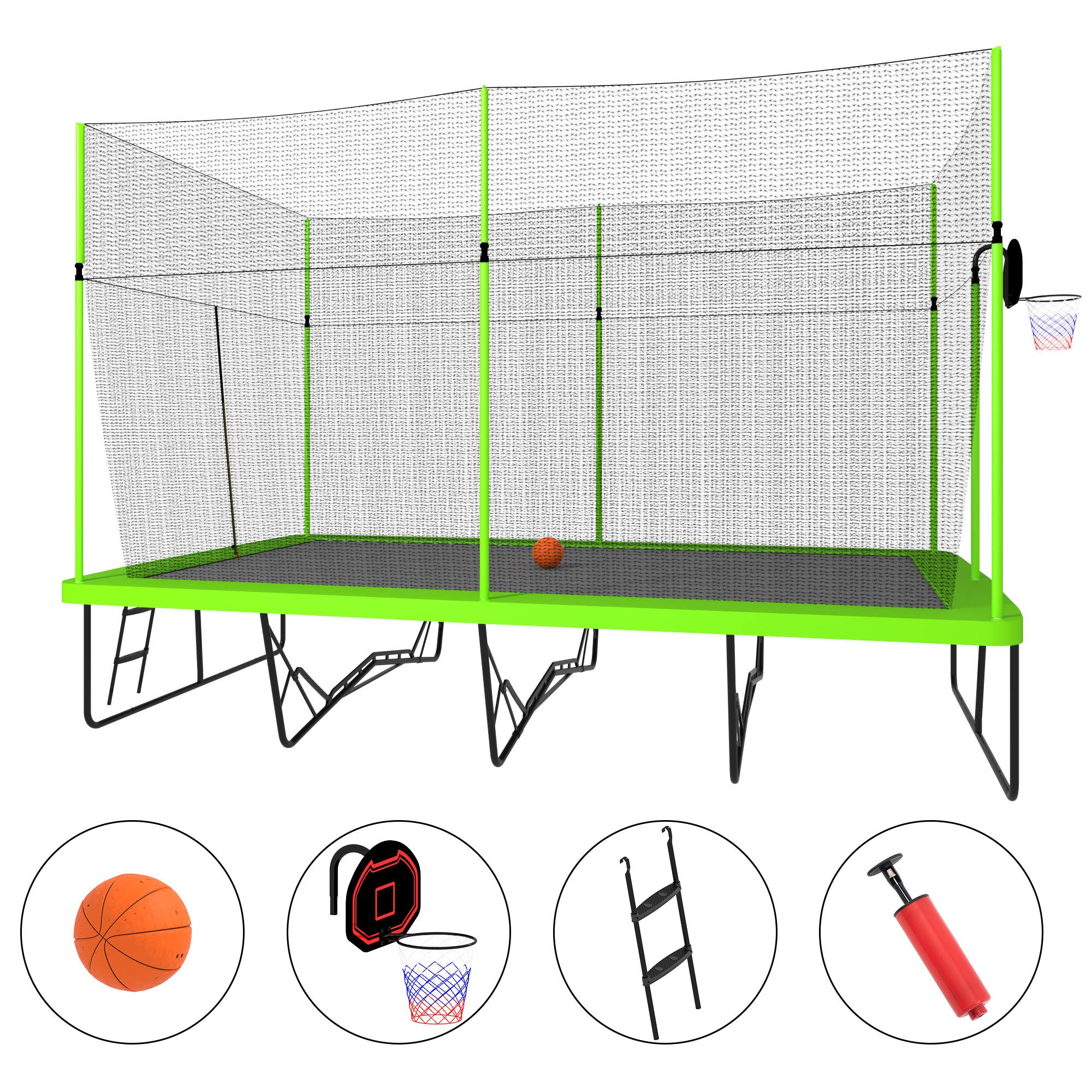 10ft x 17ft Rectangle Trampoline with Basketball Hoop - Heavy Duty Galvanized Steel Frame, Green Jump Mat & Safety Ladder - Perfect for Backyard Fun, Kids Outdoor Play & Family Fitness Activities