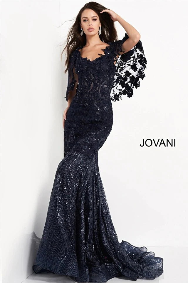 Jovani 03158 Elegant Cape Sleeve Lace Wedding Dress for Mother of the Bride - Perfect for Formal Ceremonies, Evening Receptions & Special Occasions