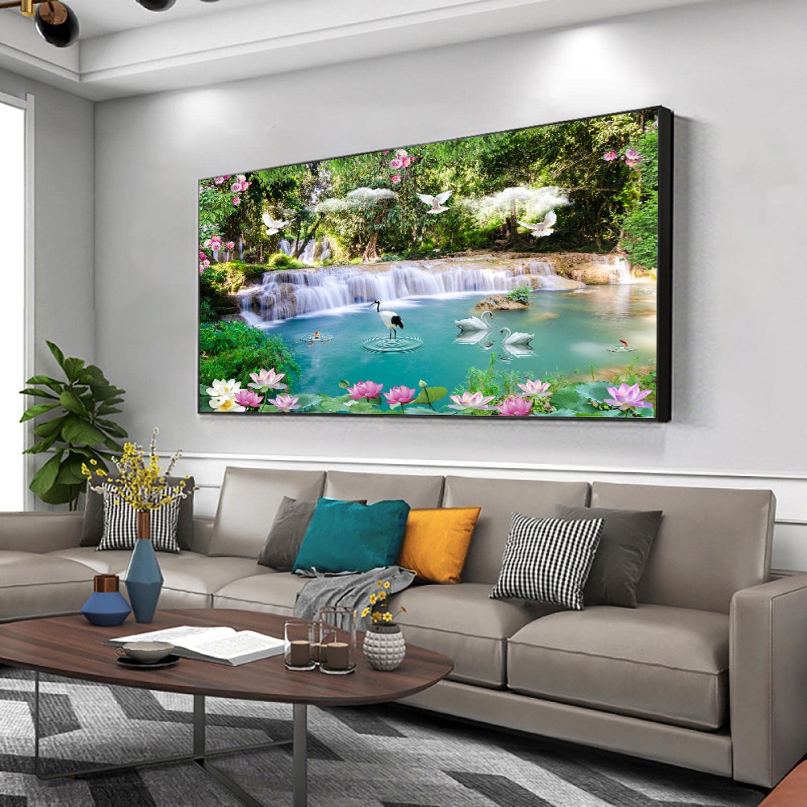 Abstract Swan Waterfall Lotus Canvas Painting - Modern Nordic Landscape Wall Art for Living Room, Bedroom Decor - Framed Poster Print 50x105cm (20x41in) - Perfect for Home, Office & Gift Giving