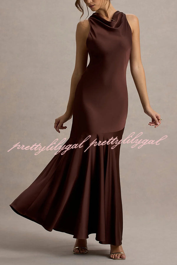 Elegant Satin Cowl Neck Maxi Dress with Back Tie Detail - Perfect for Evening Parties, Weddings & Special Occasions