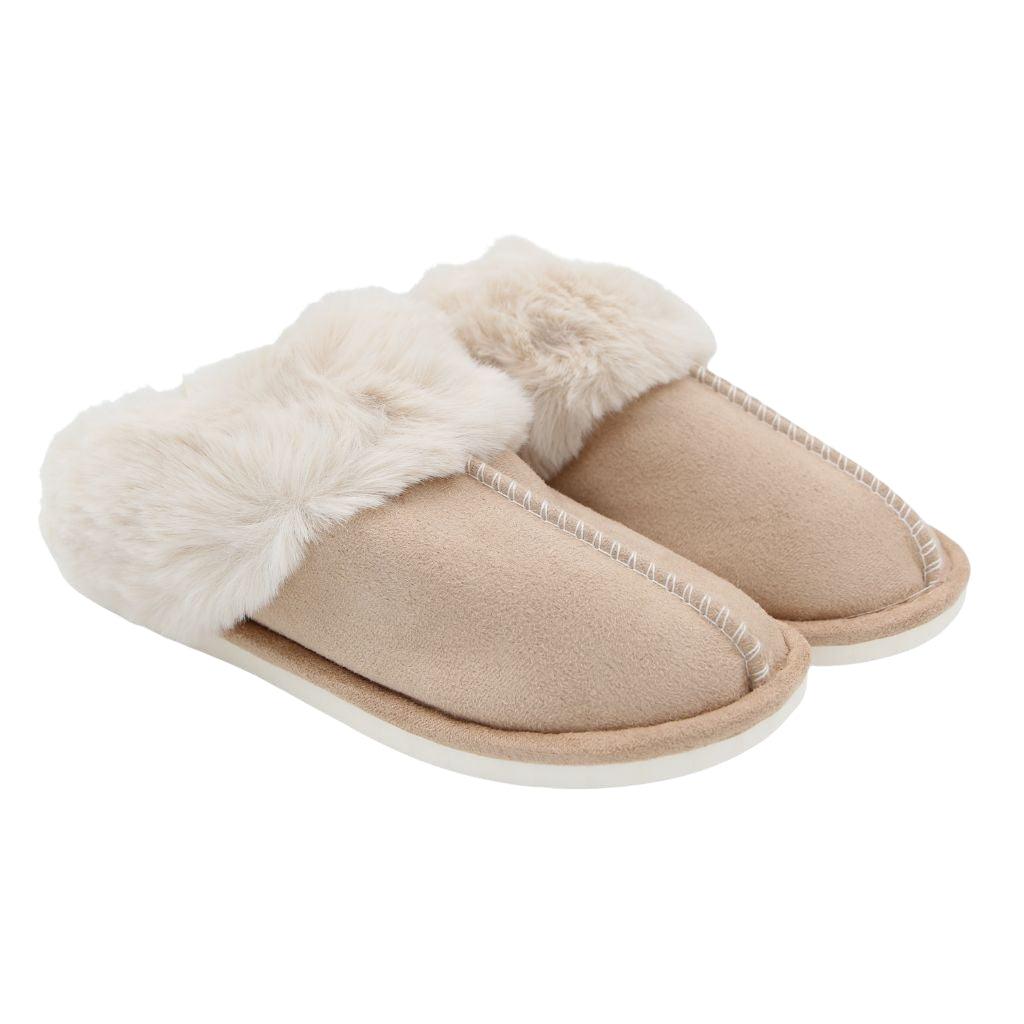 FABUCCI Women's Camel Faux Fur Lined Slippers - Cozy Indoor/Outdoor House Shoes for Winter Warmth & Comfort