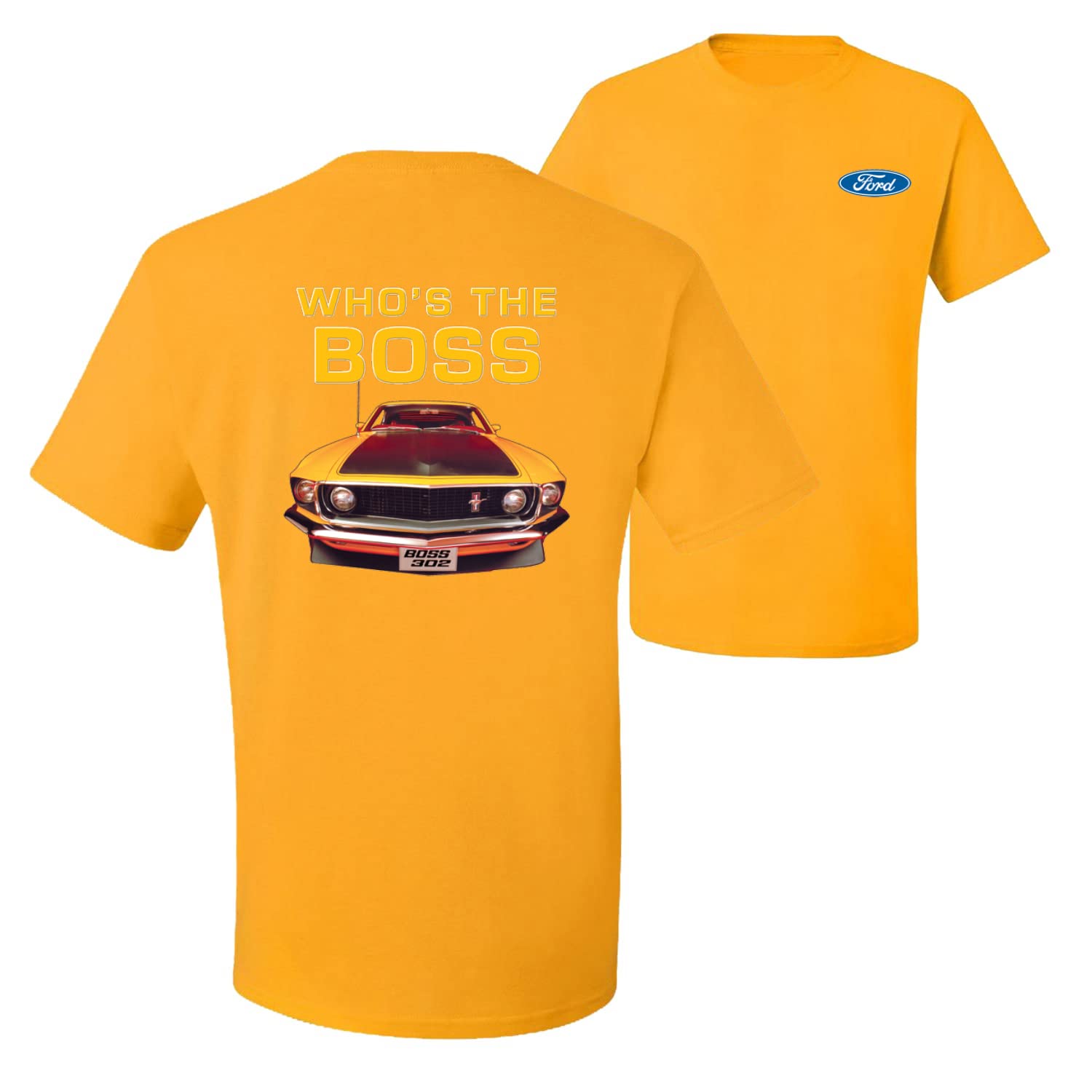 Who's The Boss Yellow 1969 Mustang 302 Vintage Car T-Shirt for Men - Classic Muscle Car Enthusiast Apparel for Car Shows & Casual Wear