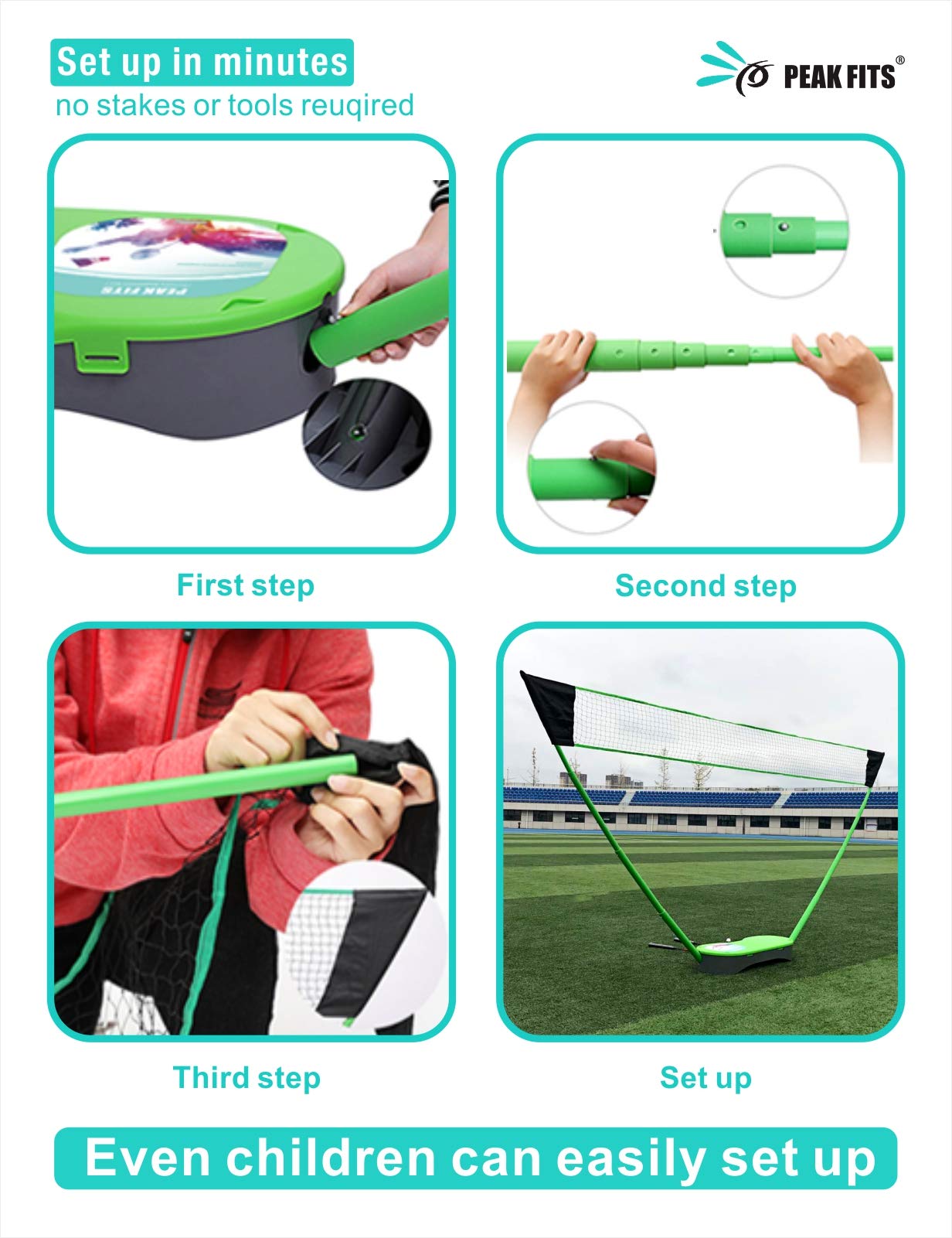 Portable Badminton Net Set with 4 Graphite Rackets - Folding Volleyball & Badminton Net for Backyard, Includes 8 Grip Tapes & 4 Shuttlecocks - Perfect for Family Games, Outdoor Sports & Beach Activities