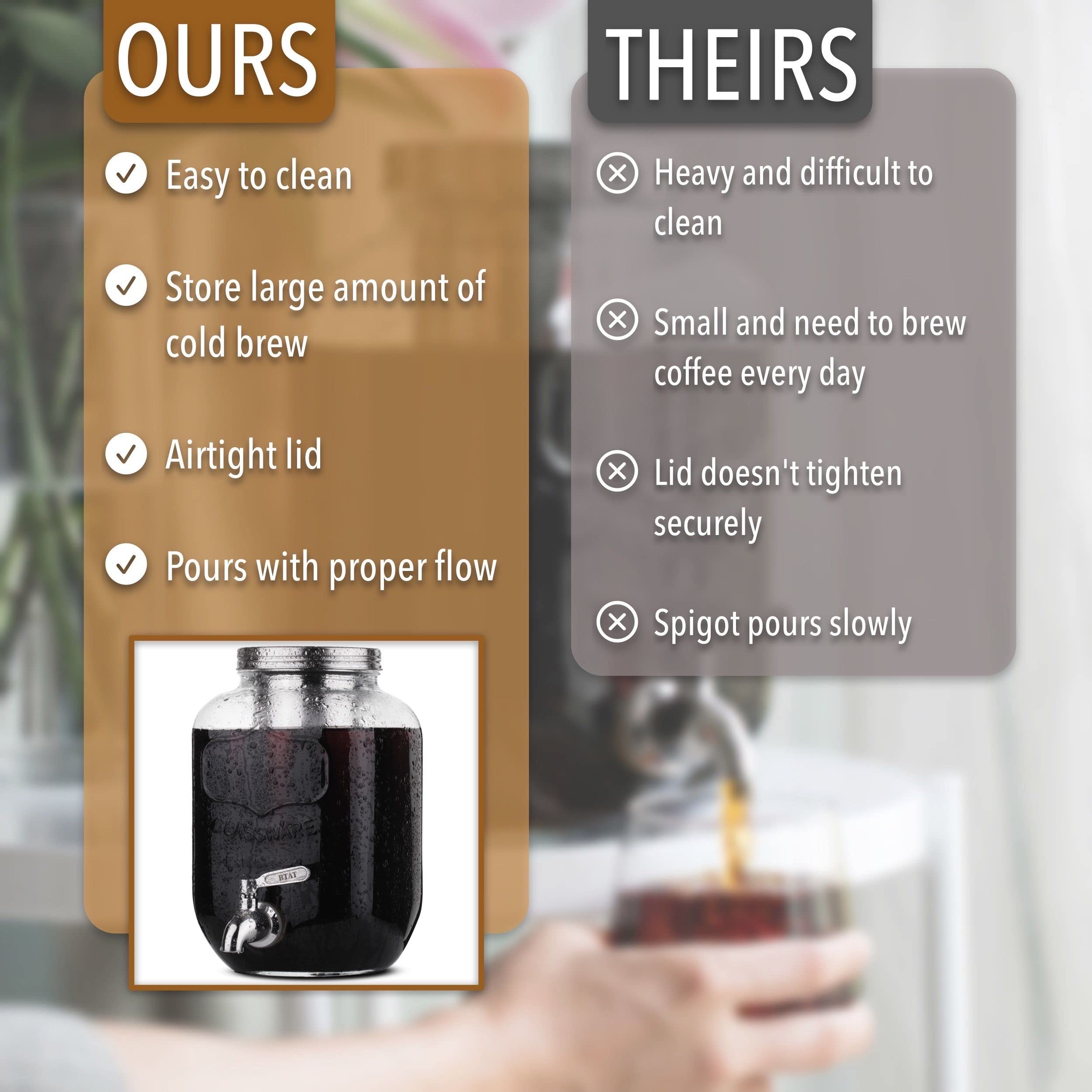 BTaT- 1 Gallon Cold Brew Coffee Maker & Iced Tea Maker - Glass Mason Jar Beverage Dispenser with Spigot - Perfect for Home, Office, and Outdoor Use