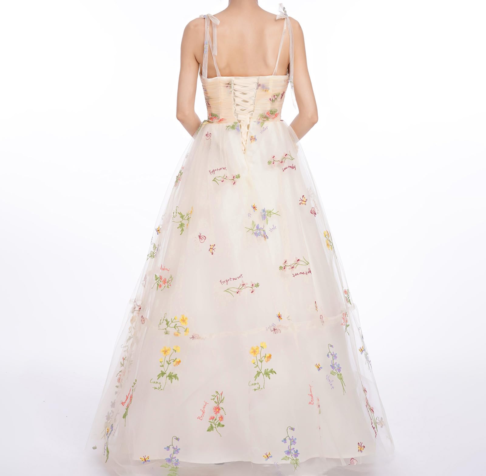 Floral Embroidered Maxi Dress for Women - Elegant Long Tulle Dress with Spaghetti Straps for Wedding, Formal Party, Prom & Special Occasions