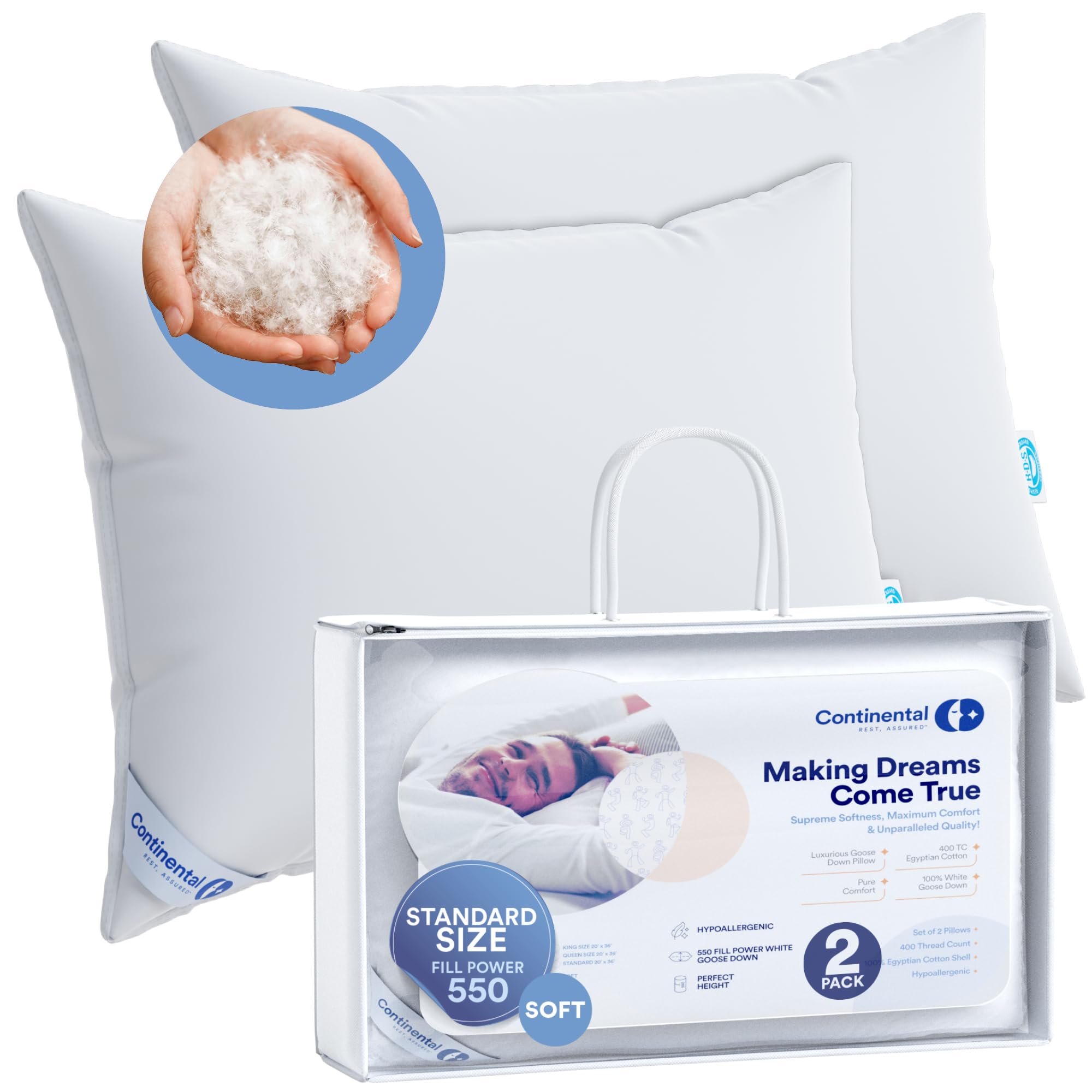 Premium 100% Luxury Down Pillows 550 Fill Power - Ultra Soft Standard Size (Set of 2) White - Perfect for Side Sleepers & Hotel-Style Comfort in Master Bedrooms