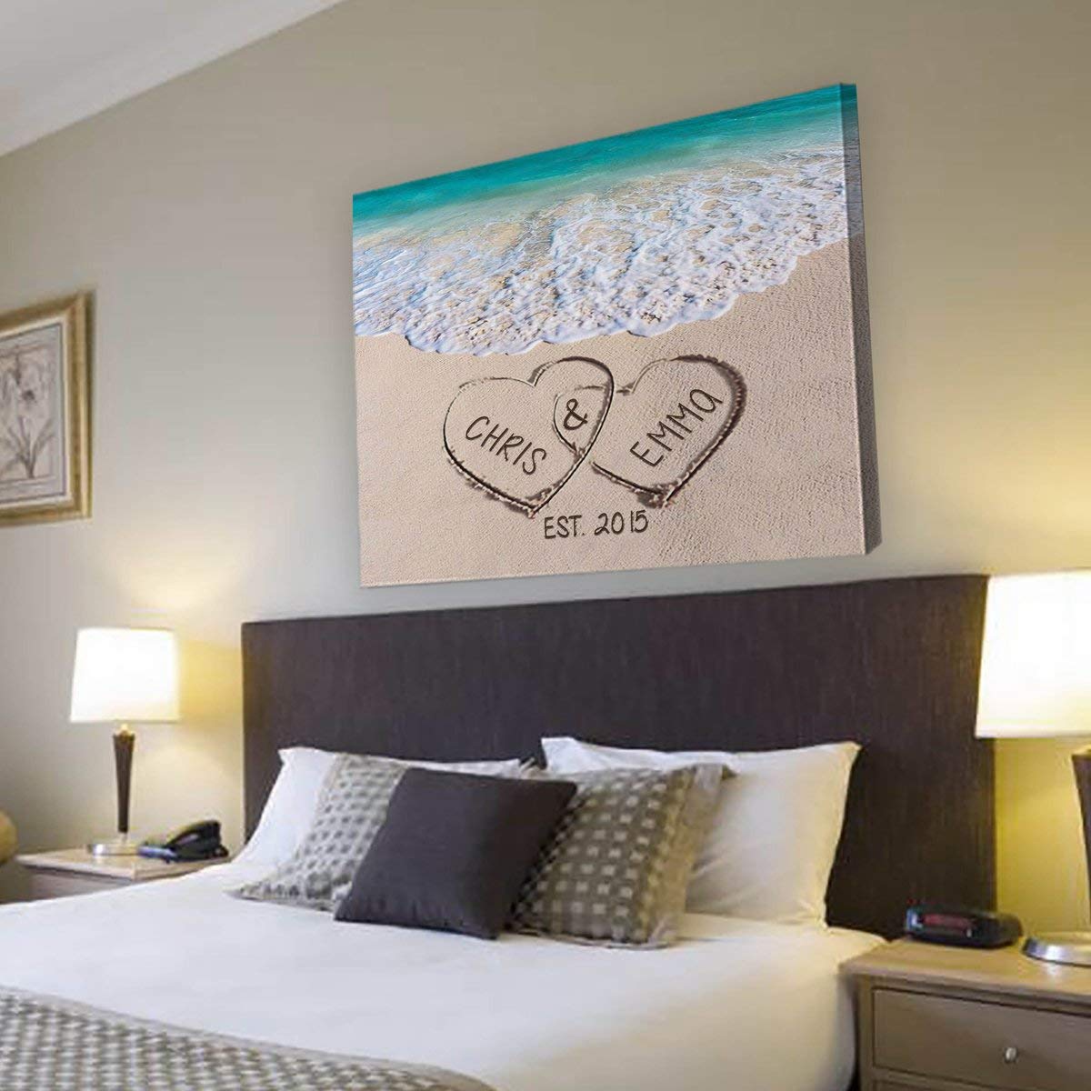 Personalized Love On Beach Canvas Print - Custom Two Hearts Wall Art for Couples, Wedding Gift, Anniversary Present - Perfect for Home Decor, Bedroom, Living Room & Romantic Gifts