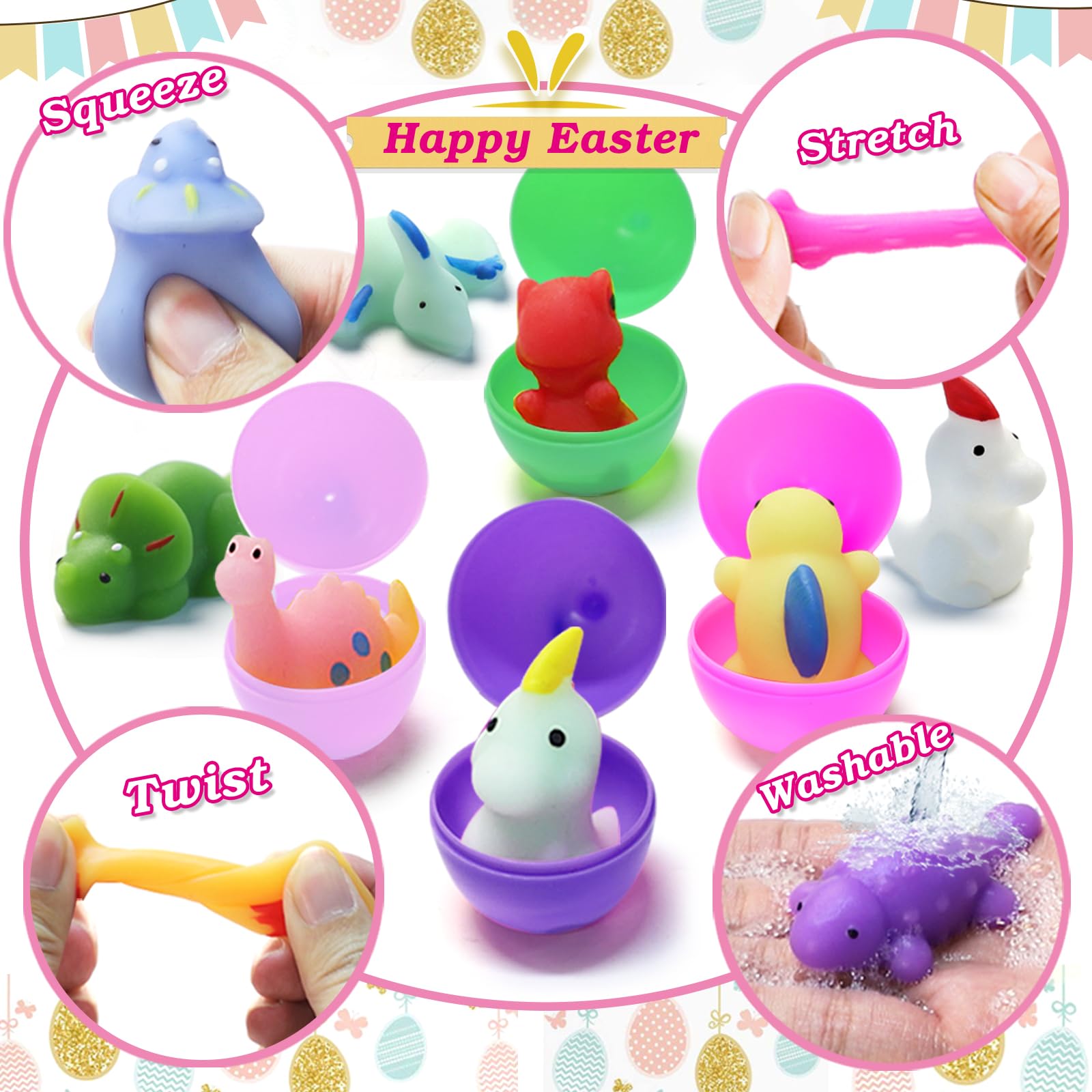 24 Pack Filled Easter Eggs with Squishy Toys Inside - Dinosaur Squishies for Easter Basket Stuffers, Party Favors & Classroom Rewards - Perfect for Easter Egg Hunt, Kids Party Gifts & School Prizes