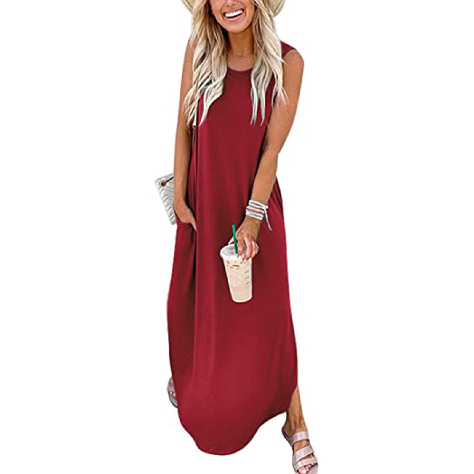 Masbird Women's Casual Sleeveless Maxi Dress with Pockets - Summer Hawaiian Beach Tank Dress, Plain Shirt Dress for Vacation, Pool Party & Outdoor Date Night