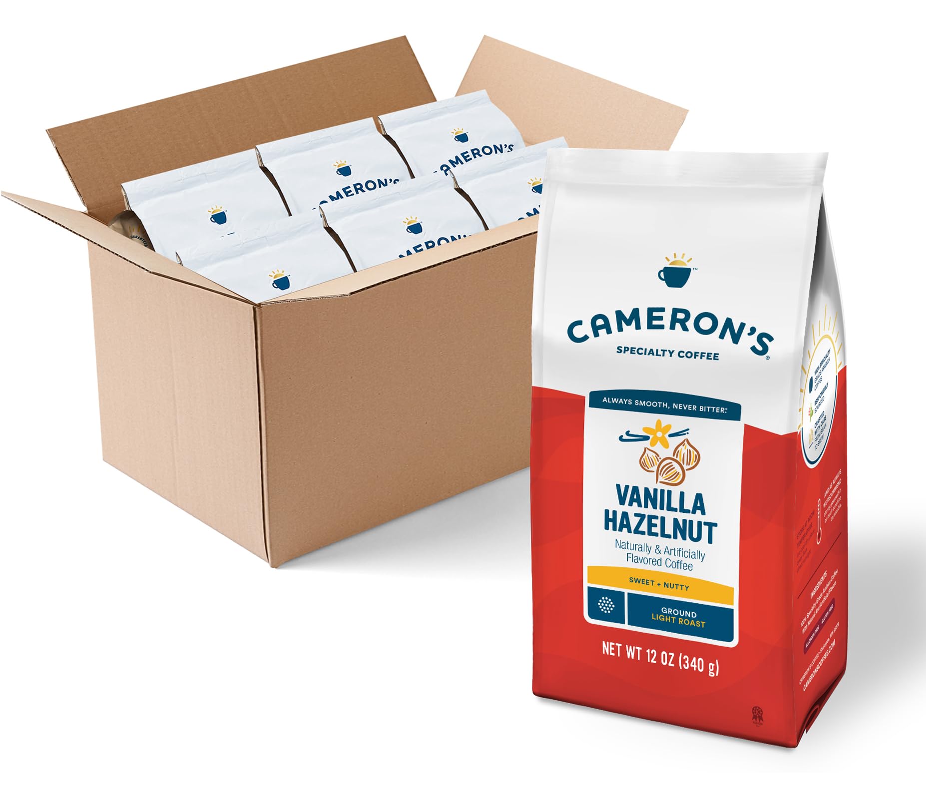 Premium Vanilla Hazelnut Flavored Ground Coffee - Cameron's Coffee Roasted, 12oz (Pack of 6) - Perfect for Morning Brew, Office Break & Cozy Evenings