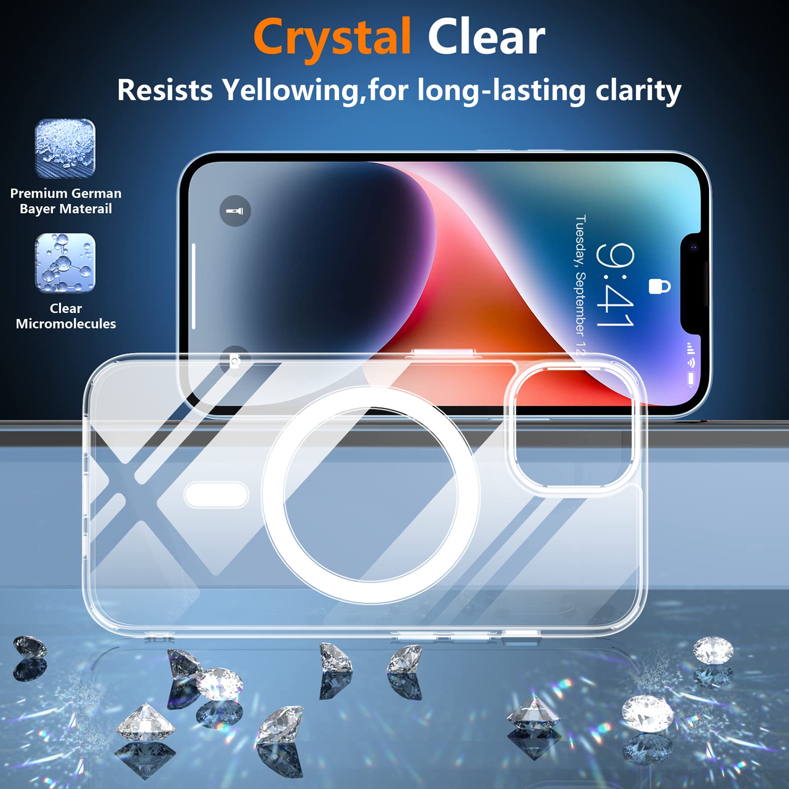 SPIDERCASE for iPhone 14 & iPhone 15 - 15FT Military Grade Drop Proof Magnetic Clear Case with Tempered Glass Screen Protectors & Camera Lens Protectors (2 Pack) | Slim Protective Cover for Everyday Use, Work & Outdoor Activities