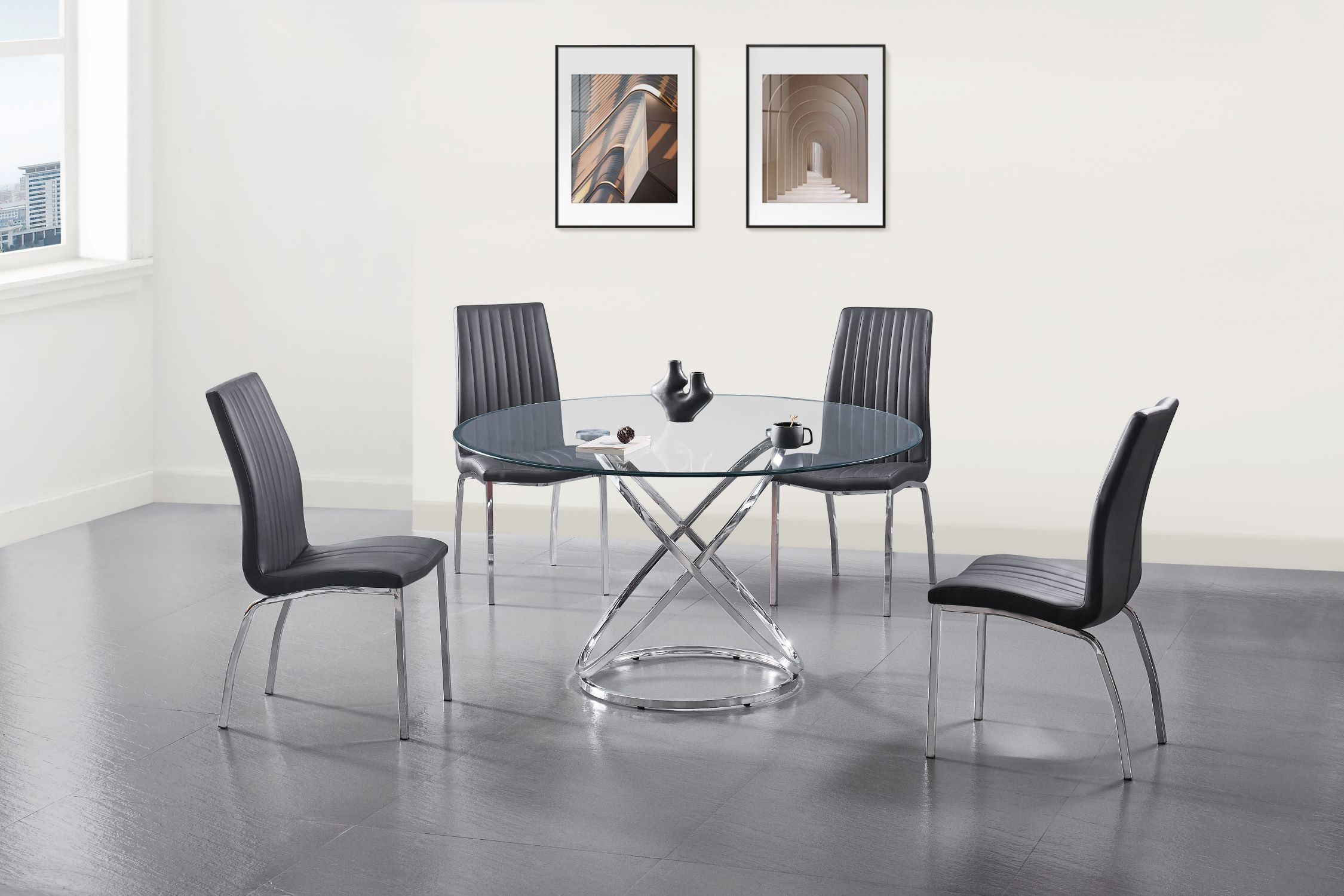 5-Piece Round Glass & Chrome Dining Table Set for Modern Kitchen & Dining Room | Axis Furniture Collection