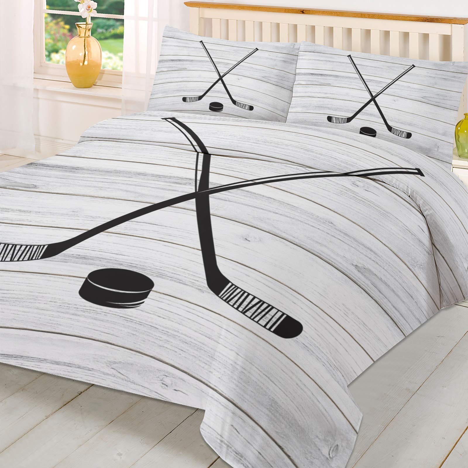Premium Ice Hockey Themed Duvet Cover Set - Full Size 3-Piece Bedding (Duvet Cover + 2 Pillow Shams) | Soft Rustic Wood Print Cotton | Machine Washable | Perfect for Sports Fans' Bedroom Decor & Gift Ideas