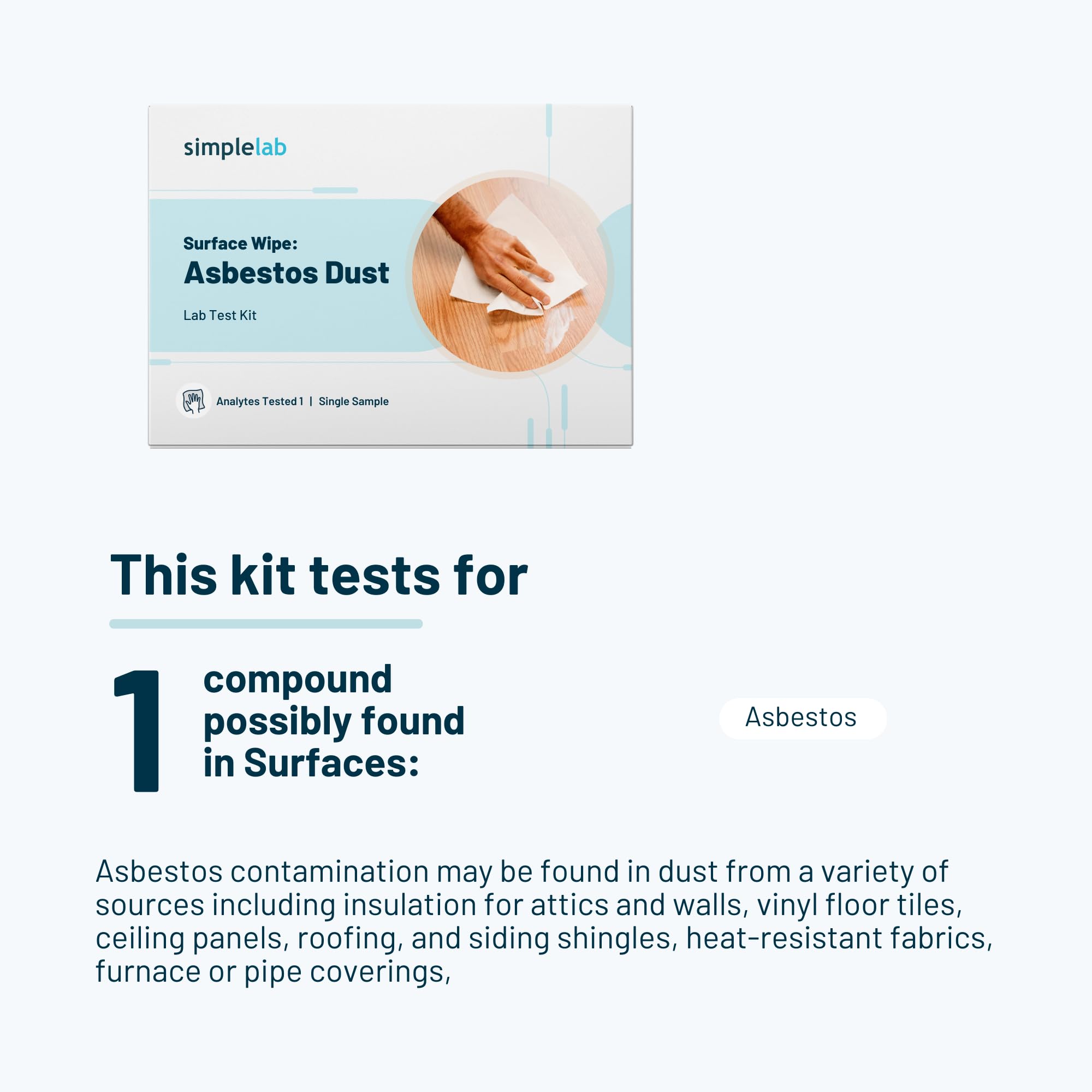 Asbestos Dust Surface Wipe Test Kit by SimpleLab | Home Asbestos Testing Kit for Walls, Floors & Ceilings | Indoor Air Quality Test | DIY Lab Analysis for Safe Home Environment | Perfect for Renovation Safety & Childproofing