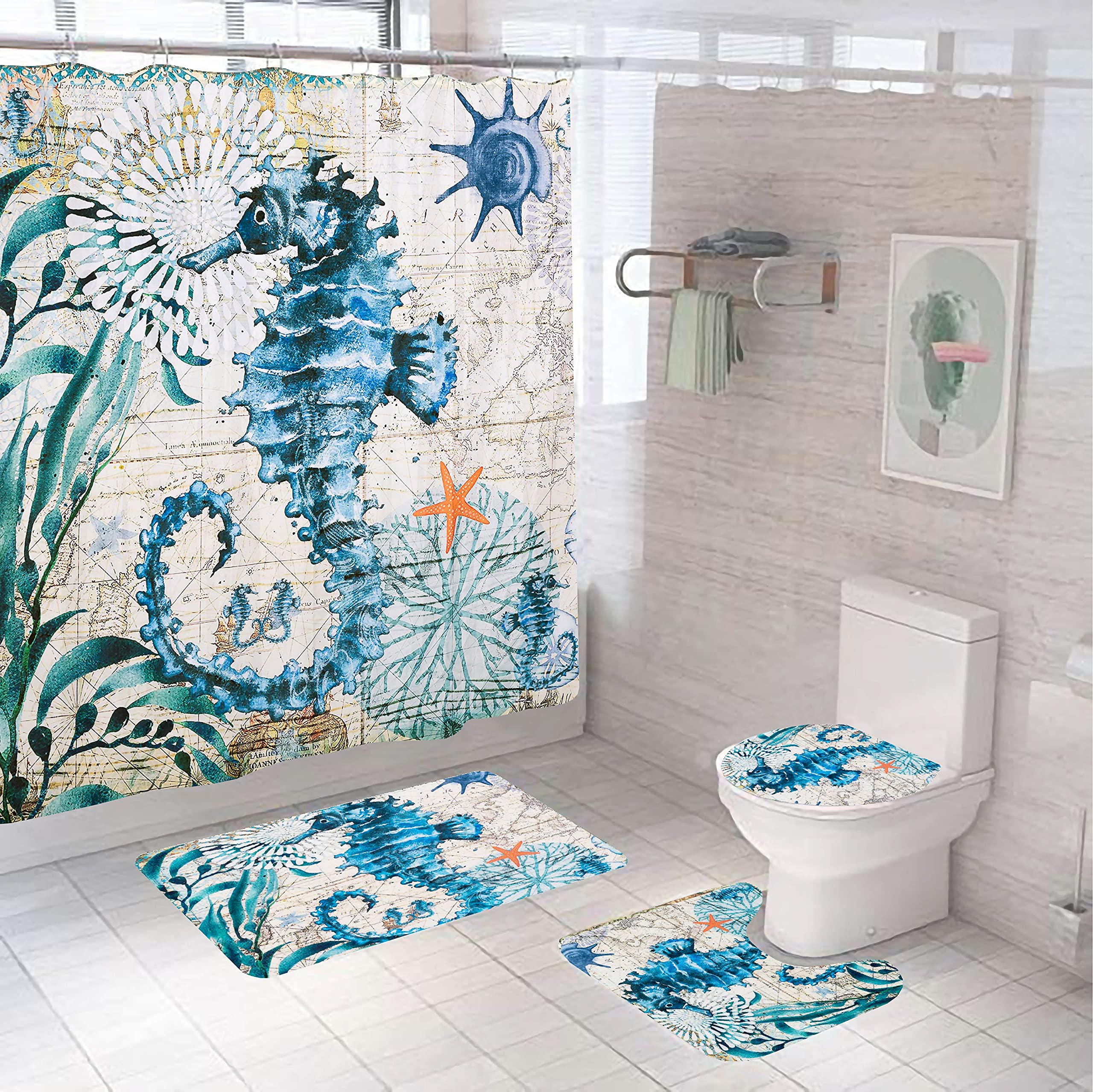 Nautical Blue Sea Bathroom Set with Shower Curtain, Rugs & 12 Hooks - Seahorse Decor Bath Mat Set for Coastal Themed Bathrooms | Perfect for Beach House, Kids' Bathroom or Ocean-Inspired Home Decor