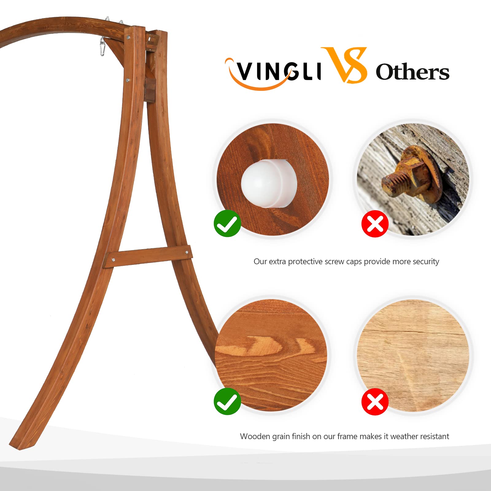 **VINGLI Heavy Duty Wooden Swing Frame for Adults & Kids - Sturdy A-Frame Porch Swing Stand for Indoor & Outdoor Use - Curved Arc Top Design - Supports 1000 lbs - Perfect for Backyard, Garden, Patio & Deck Relaxation**