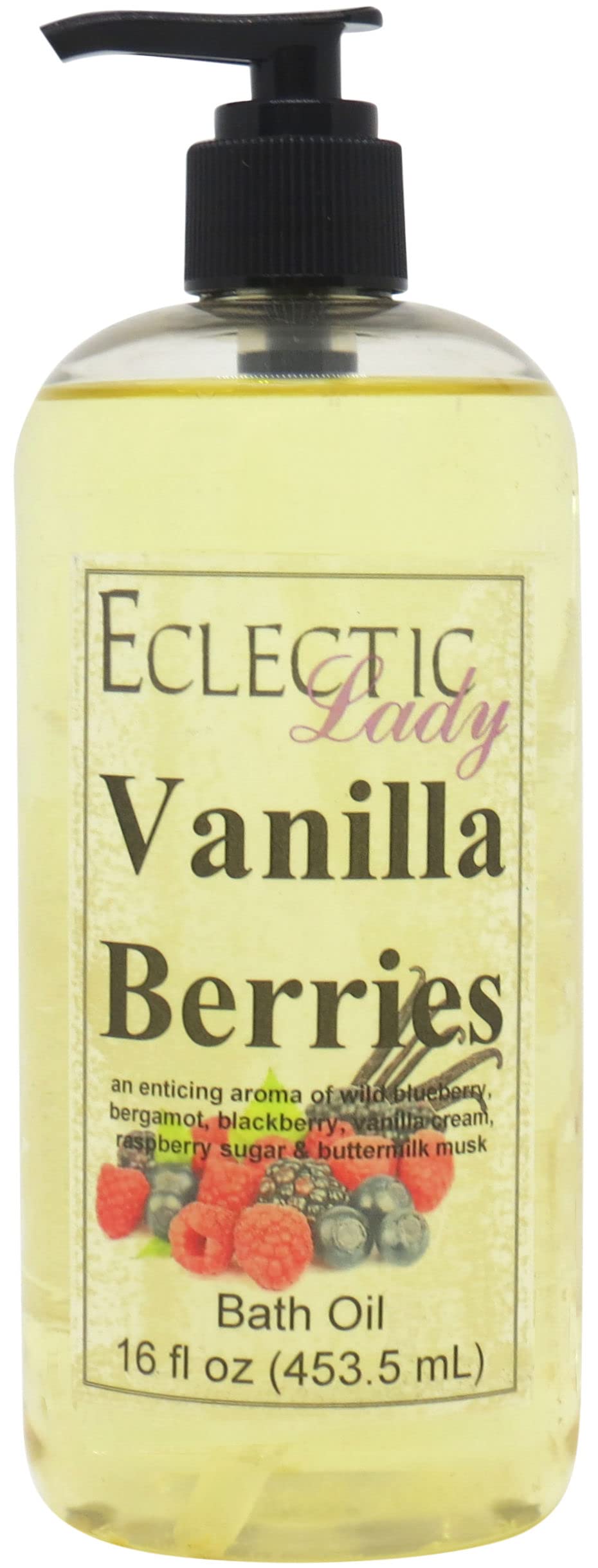 Vanilla Berries Scented Bath Oil by Eclectic Lady - Relaxing & Moisturizing Body Oil for Dry, Rough & Sensitive Skin - 16oz Aromatherapy Shower Oil for Daily Skin Nourishment - Perfect for Spa Nights, Self-Care Routines & Stress Relief